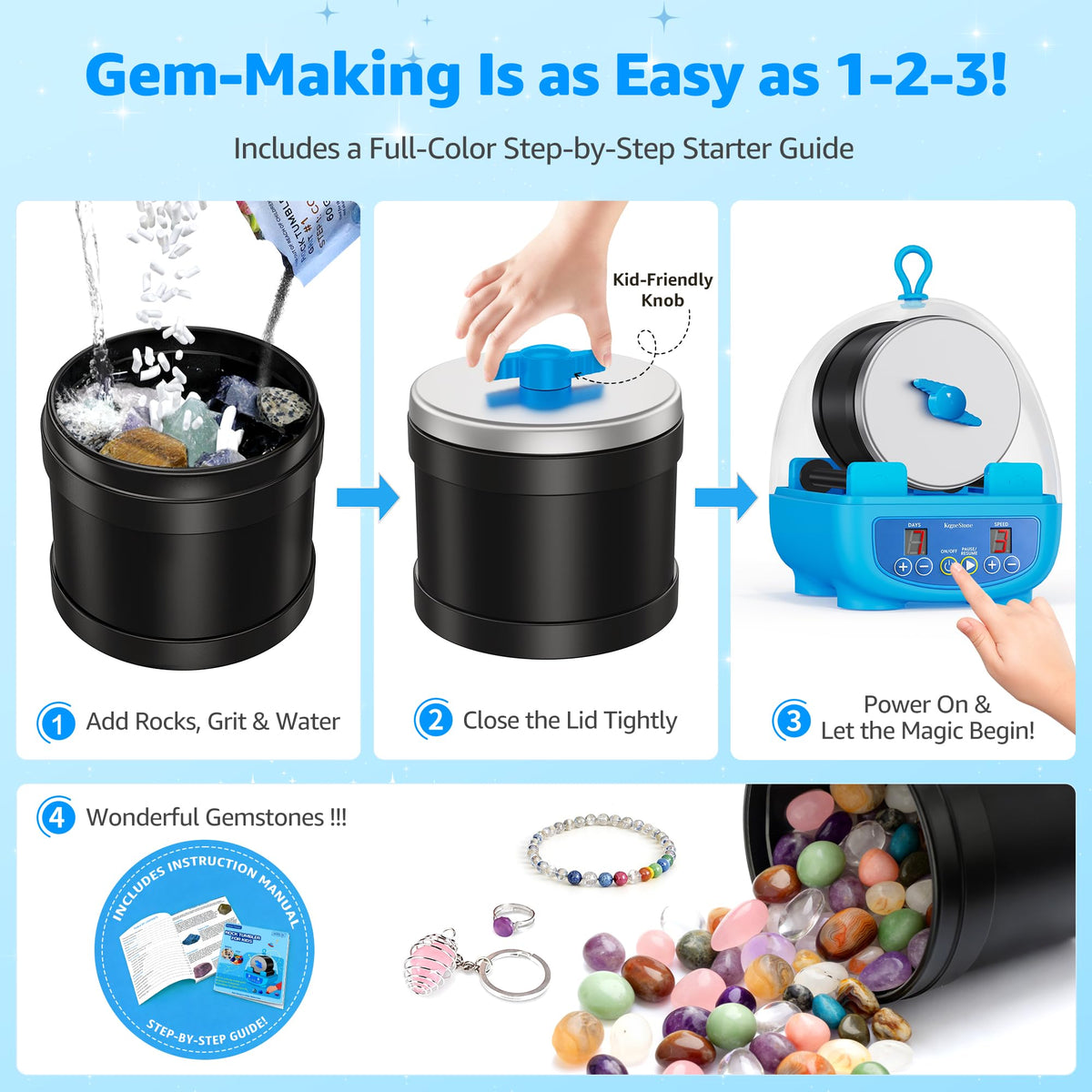 KomeStone K5 Rock Tumbler for Kids & Starters– Dual Noise-Reducing Rock Polisher with Timer, 3 Speeds & Memory Function, Complete Stone Tumbling Kit with Gems & All Accessories – A Fun STEM Gift