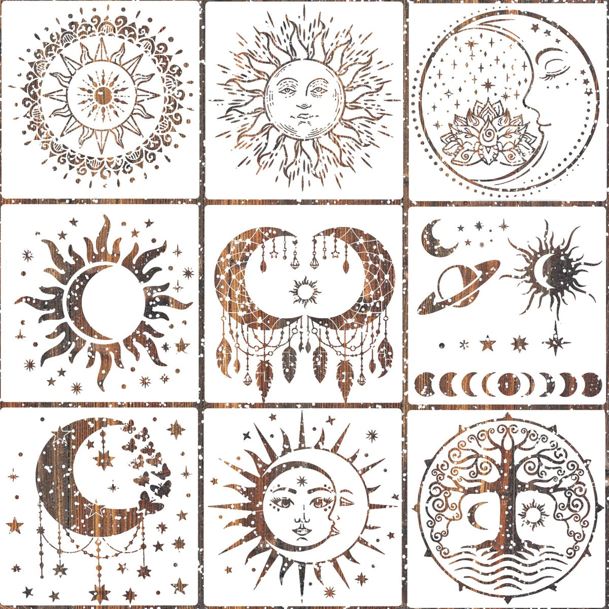 9 Pieces Large Mandala Sun and Moon Stencil Butterfly Flower Tree Paint Stencils for Crafts Reusable Templates Star Celestial Stencils for Painting Wood Wall Furniture Home Decor (Sun Moon)