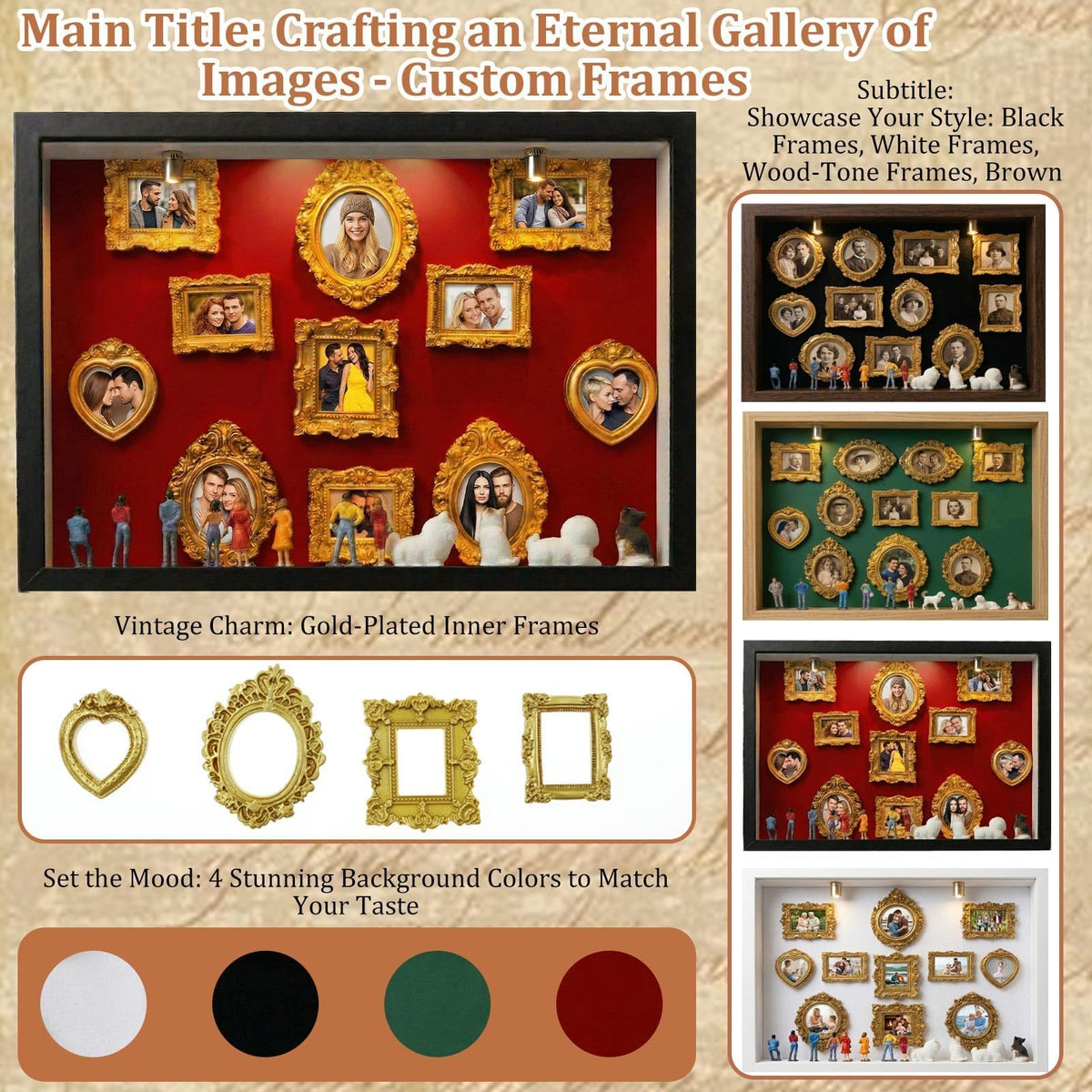 All-in-One DIY Shadow Box Kit,Mini Gold Frames with Museum of Figurines | LED-Illuminated Silhouette Box Memory Collage | Anniversary/Wedding Eco-Friendly Decor Gift (F Style)
