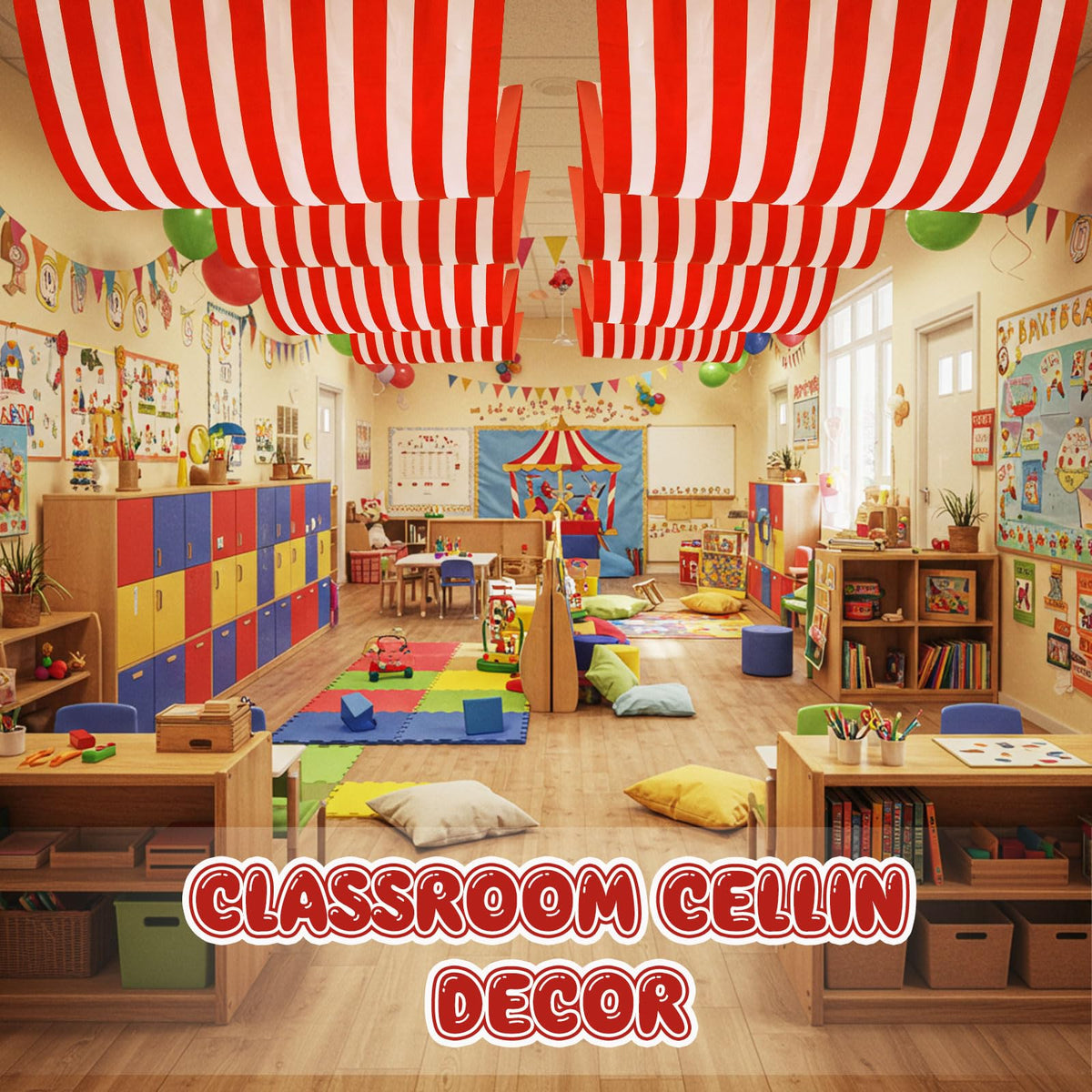 HunnmingRe 1 Pack Circus Halloween Decorations 32 Inch x 16 ft Red and White Hanging Banner with Tape Ceiling Decor for Carnival Birthday Classroom Circus Theme Party Decorations