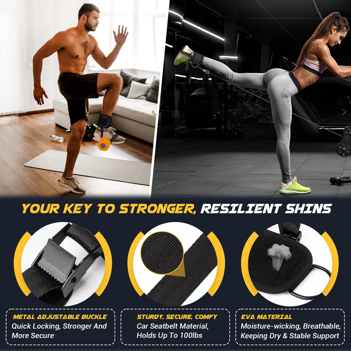 nooncrazy Ankle Straps for Dumbbell and Cable Machine, Dumbbell Foot Attachment with Longer Stronger Nylon Strap, Tibialis Trainer, Leg Extensions, Hamstring Curls for Women and Men(Black Double)