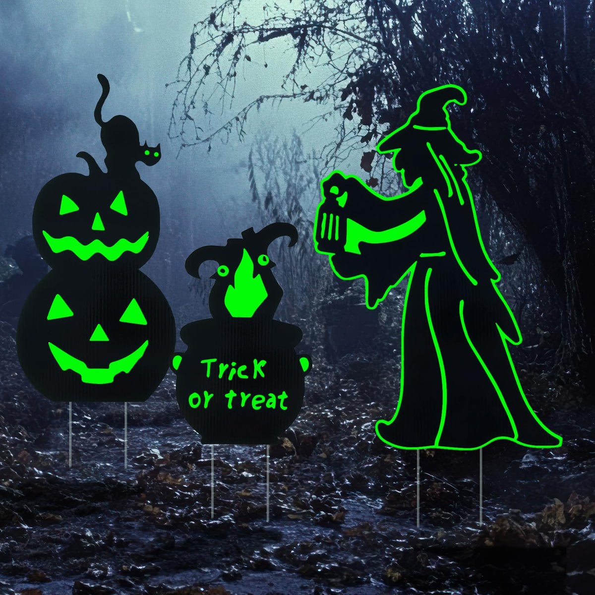 Halloween Outdoor Yard Decorations, 3 Pack Glow in The Dark Witch and Pumpkin Lawn Signs Waterproof Witch's Cauldron Potions for Garden, Walkway, Patio, Porch Outside Decor