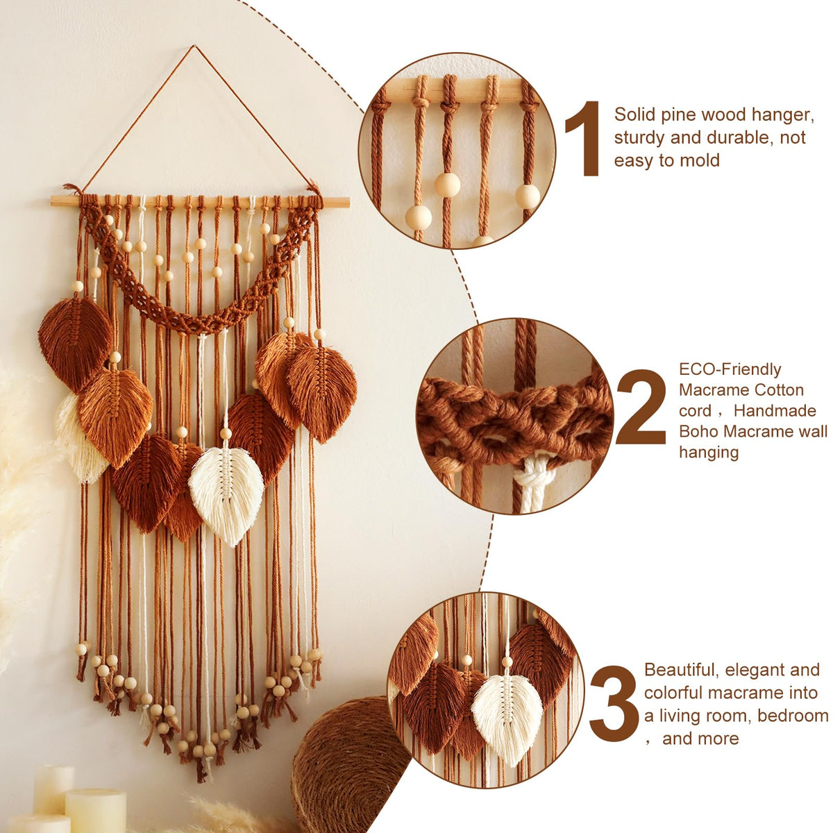 Artilady Macrame Wall Hanging -Handmade Leaf Wall Tapestry,Boho Decorations for Bedroom Living Room Bathroom,Earthy Room Decor Aesthetic,Wedding Birthday for Women Girls