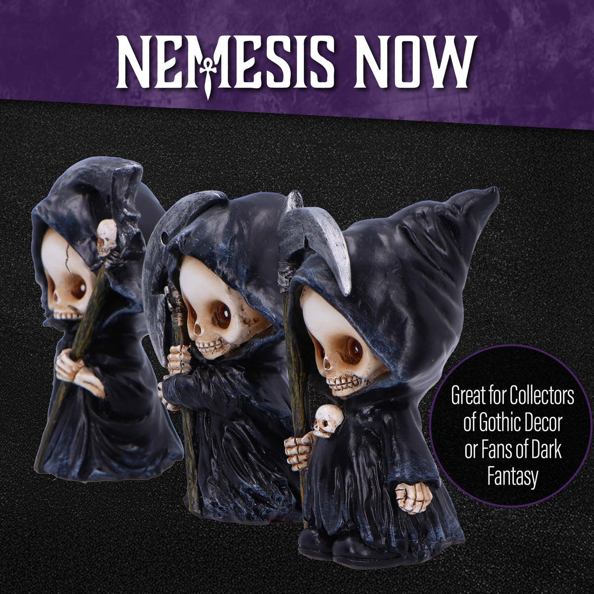Nemesis Now Trio of Terror Mini Grim Reaper Figurines, Set of 3 Gothic Skeleton Statues, 3.5 Inch Halloween Decor for Shelves Desks and Creepy Gifts
