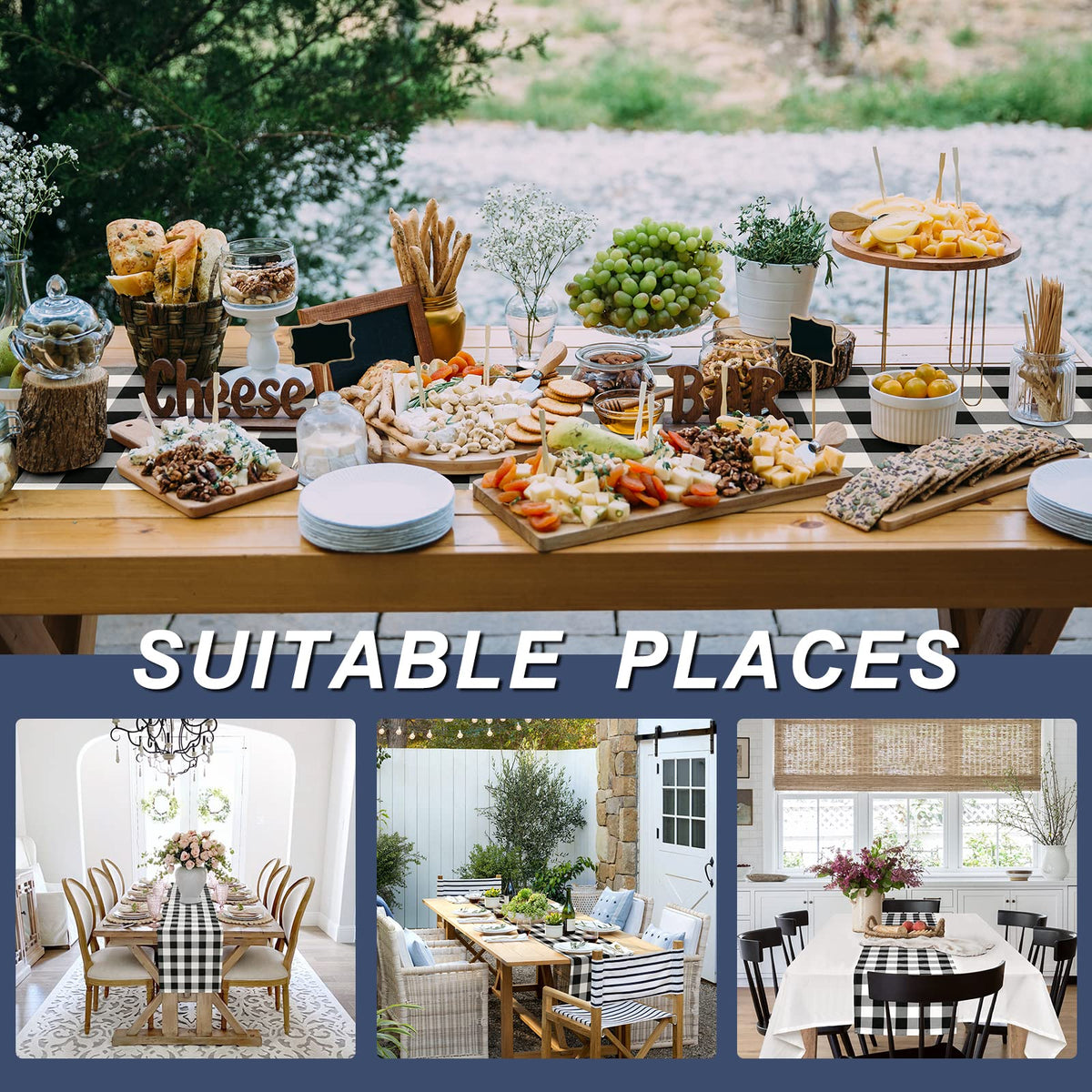 Hiasan Buffalo Plaid Table Runner, Classic Farmhouse Tabletop Collection, Waterproof Table Runner for Kitchen Dining, Banquet, Restaurant, Outdoor Use, 14W x 48L, Black and White, 1 Piece