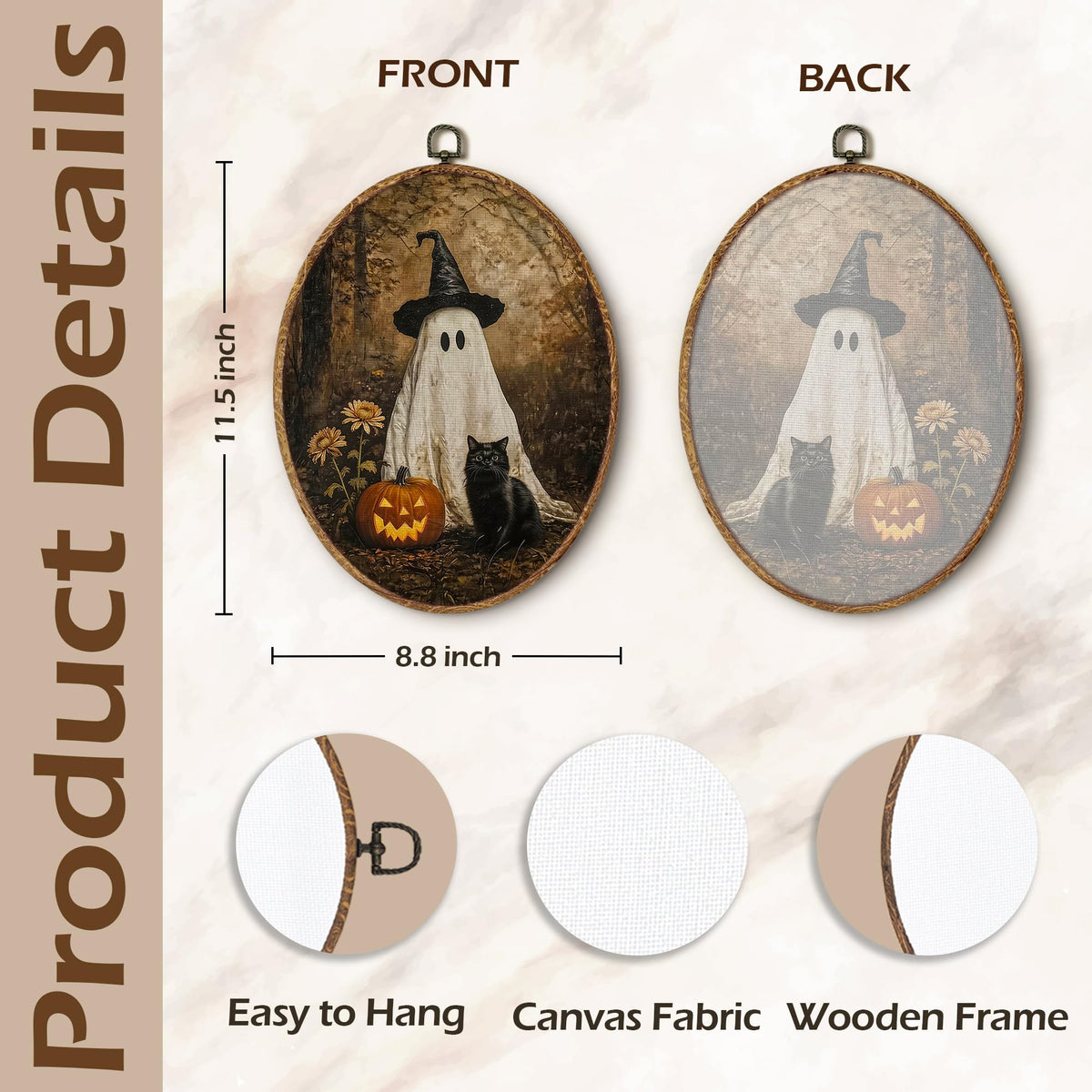 fZSZSD Halloween Witchy Ghost Pumpkin Black Cat Oval Wall Art Decor, Moody Fall Oval Framed Canvas Art Prints, Rustic Forest Spooky Wall Hanging Decor for Home Bedroom Living Room, 8.5x11.5 Inch