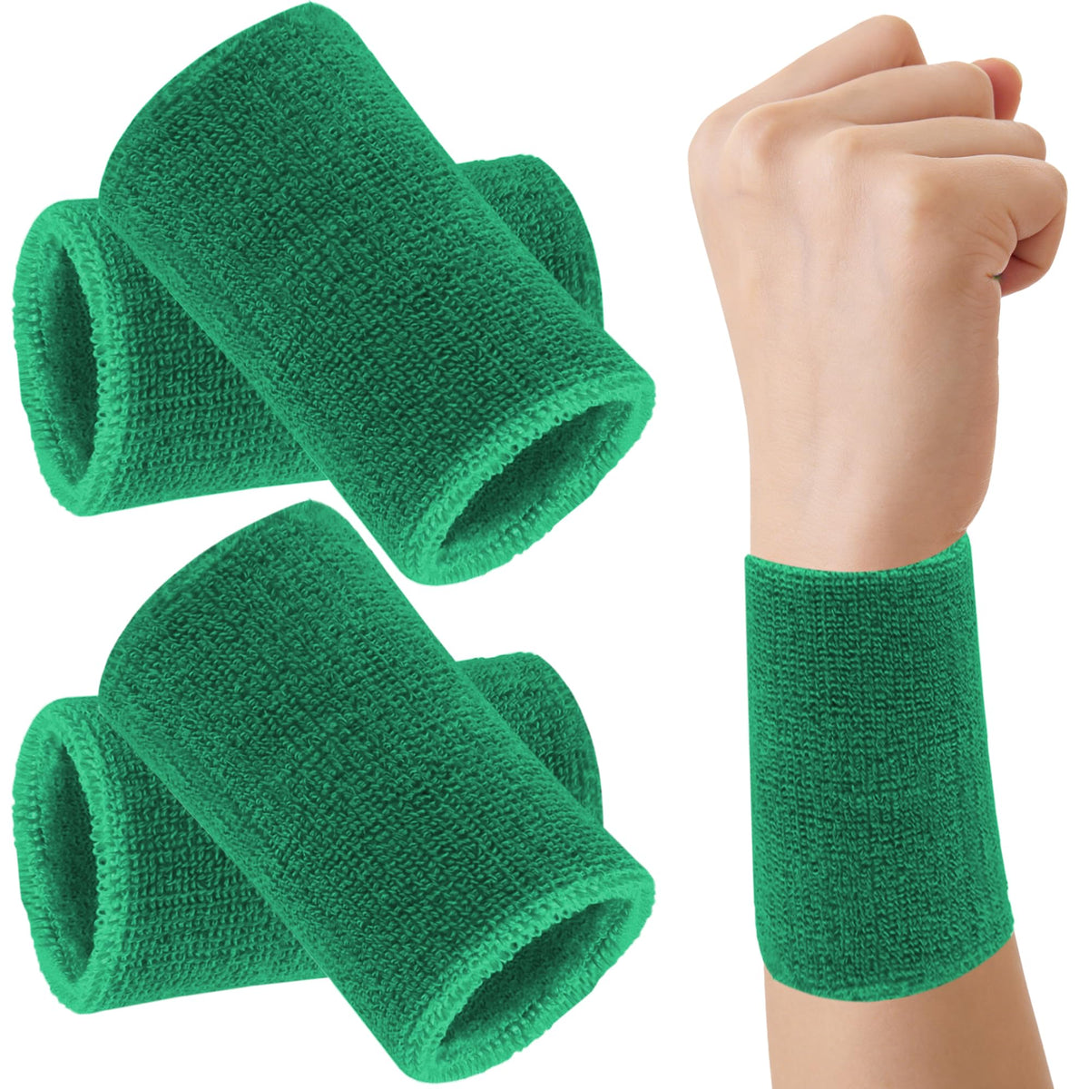6 Inch Sports Wrist Sweatbands for Men Women, Absorbent Long Wrist Sweat Bands Tennis Wristbands Athletic Cotton Terry Cloth Sweatband for Basketball,Running,Gym,Working Out (4 Pack) -Dark Green