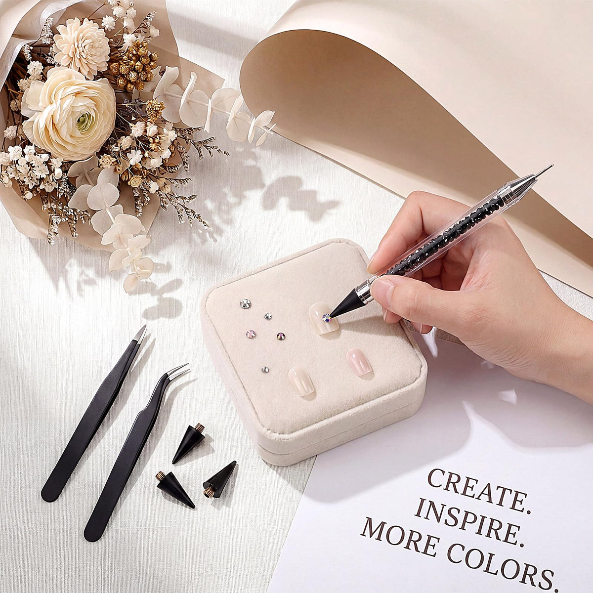 Tatuo 4 Set/26 Pcs Rhinestone Picker Tool Dotting Pen Dual-Ended Nail Art Rhinestones Applicator Gems Crystals Beads Picker Wax Pencil with 20 Wax Head 2 Tweezers DIY Nail Art Tool (Black)