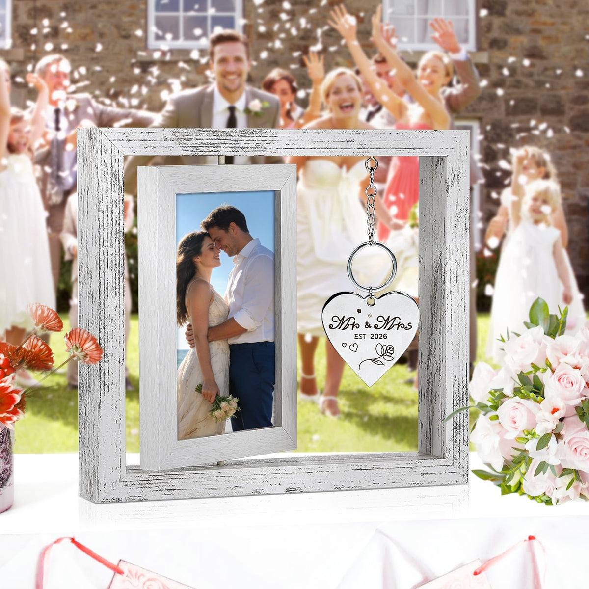 Fooyekep Wedding Gifts for Couples 2026, Wedding Picture Frame - Rotating Floating Mr and Mrs Frame, Bridal Shower Gifts for Bride, Engagement Gift for Couples Newlyweds, Holds 4x6 Pictures