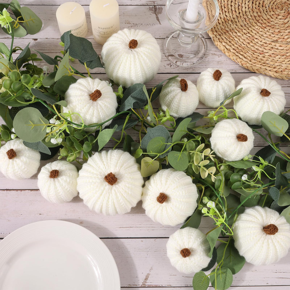 12-Pack Fall Crochet Pumpkins Handmade Fall Decor Set with 2.36, 3.15, 4inch Sizes Knit Pumpkins Farmhouse Thanksgiving Table Centerpiece, Halloween Decorations (White)