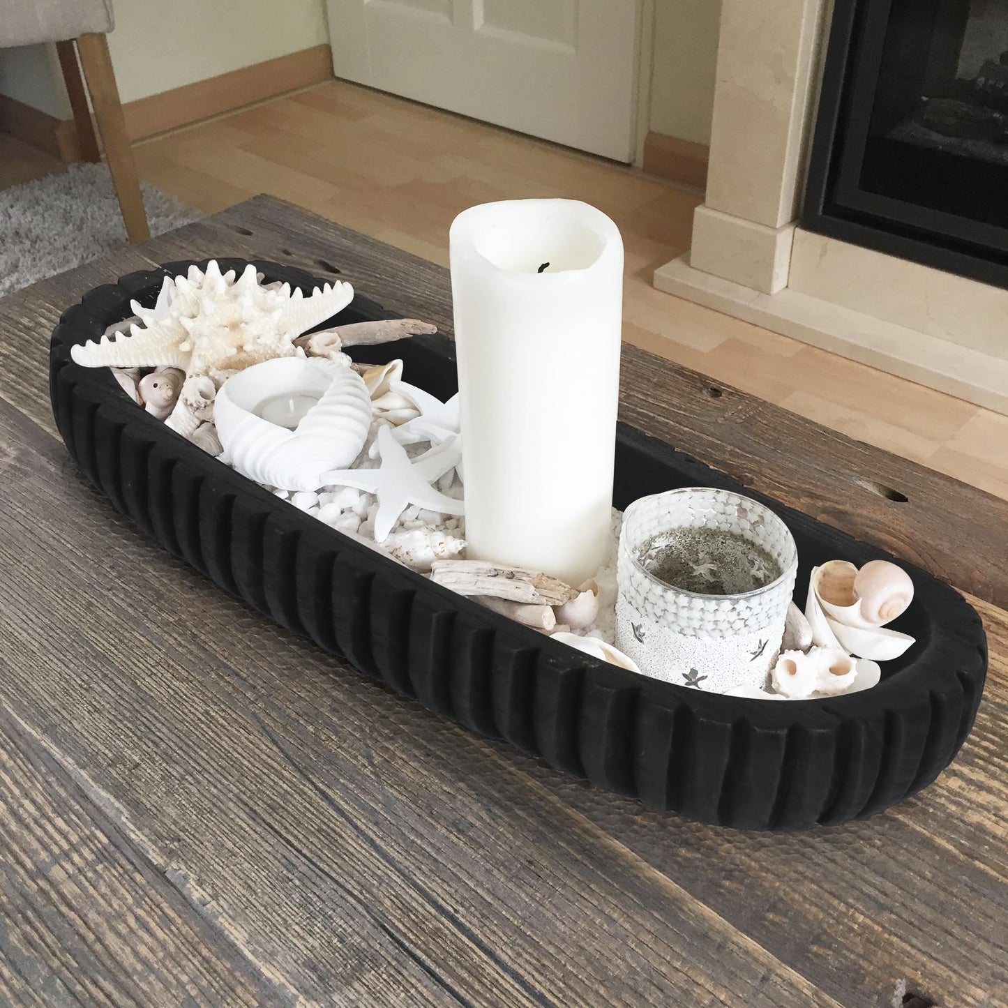 Oakrain Wooden Decorative Bowl for Home Decor, 16" Rustic Dough Bowl with Hand Carved Vertical Stripes, Long Wood Tray for Table Centerpieces, Matte Black