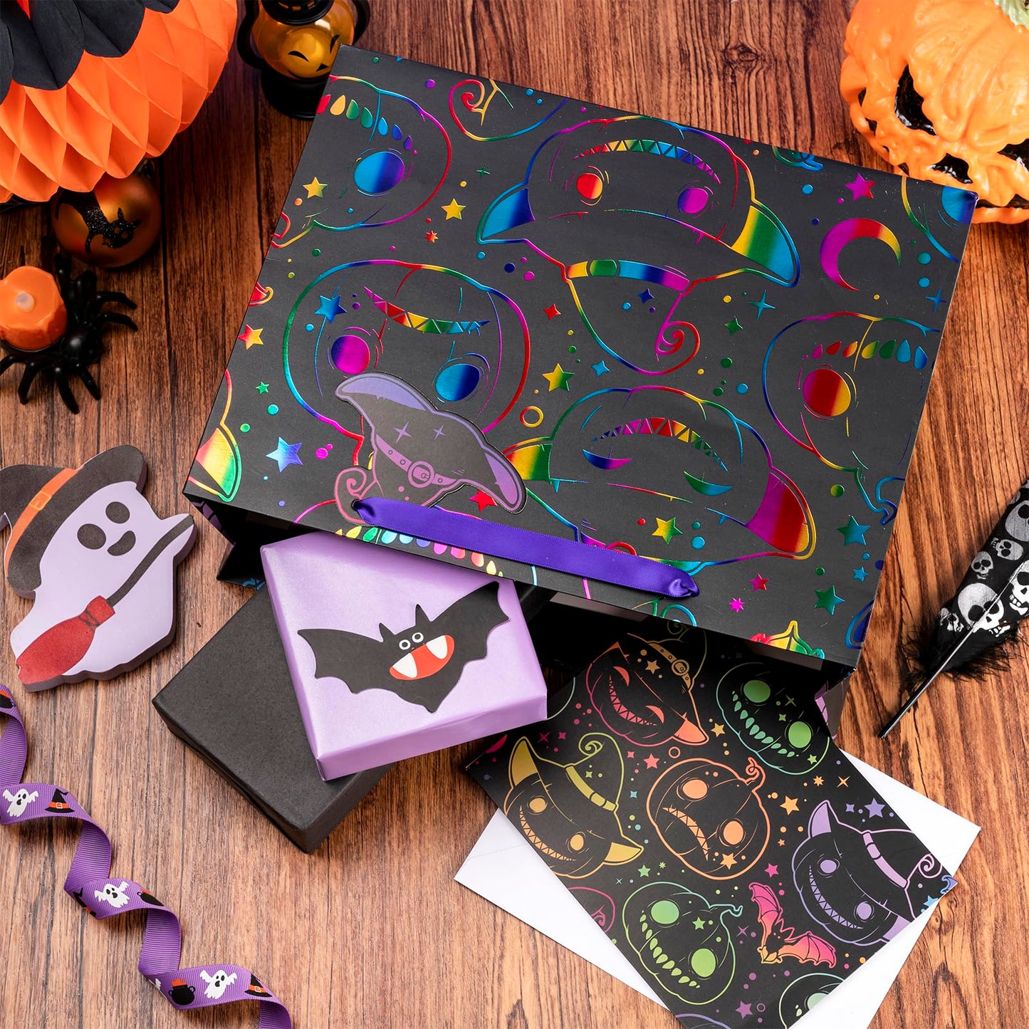 LeZakaa Pink Halloween Wrapping Paper Roll 13" Gift Bag with Tissue Paper, Gift Tag, and Card, Evil Pumpkin Fluorescent Black Design