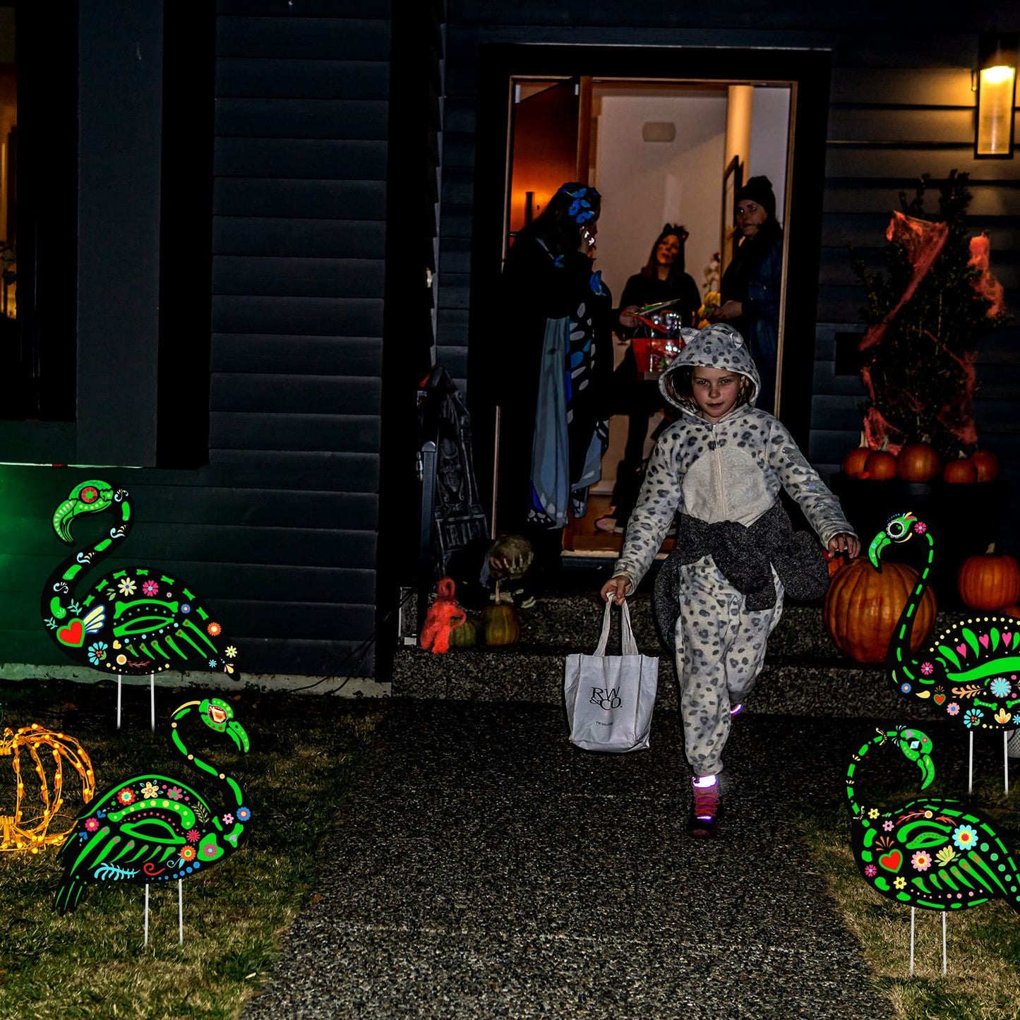 Amyhill 4 Pcs Halloween Glow in The Dark Skeleton Flamingo Yard Ornament with Stake Flamingo Outdoor Lawn Decor Scary Plastic Skeleton Yard Sign for Party