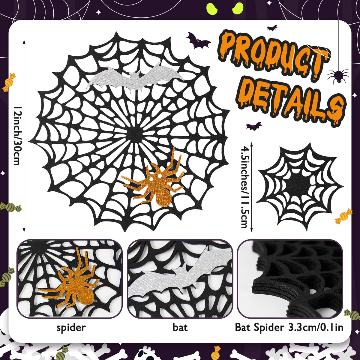 Halloween Spider Web Placemats Set of 8, Hollow Out Spider Web Dining Table Decor, Ideal for Holiday Party Decorations