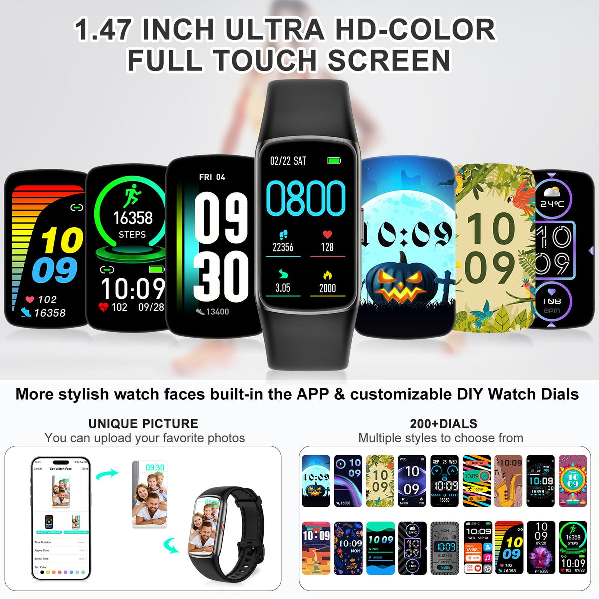 Fitness Tracker, Activity Tracker with 24/7 Heart Rate Blood Oxygen Sleep Monitor, 123 Sports Modes Step Counter, 1.47'' HD Screen Fitness Watch, Smart Watches Pedometer for Women Men Android/iOS