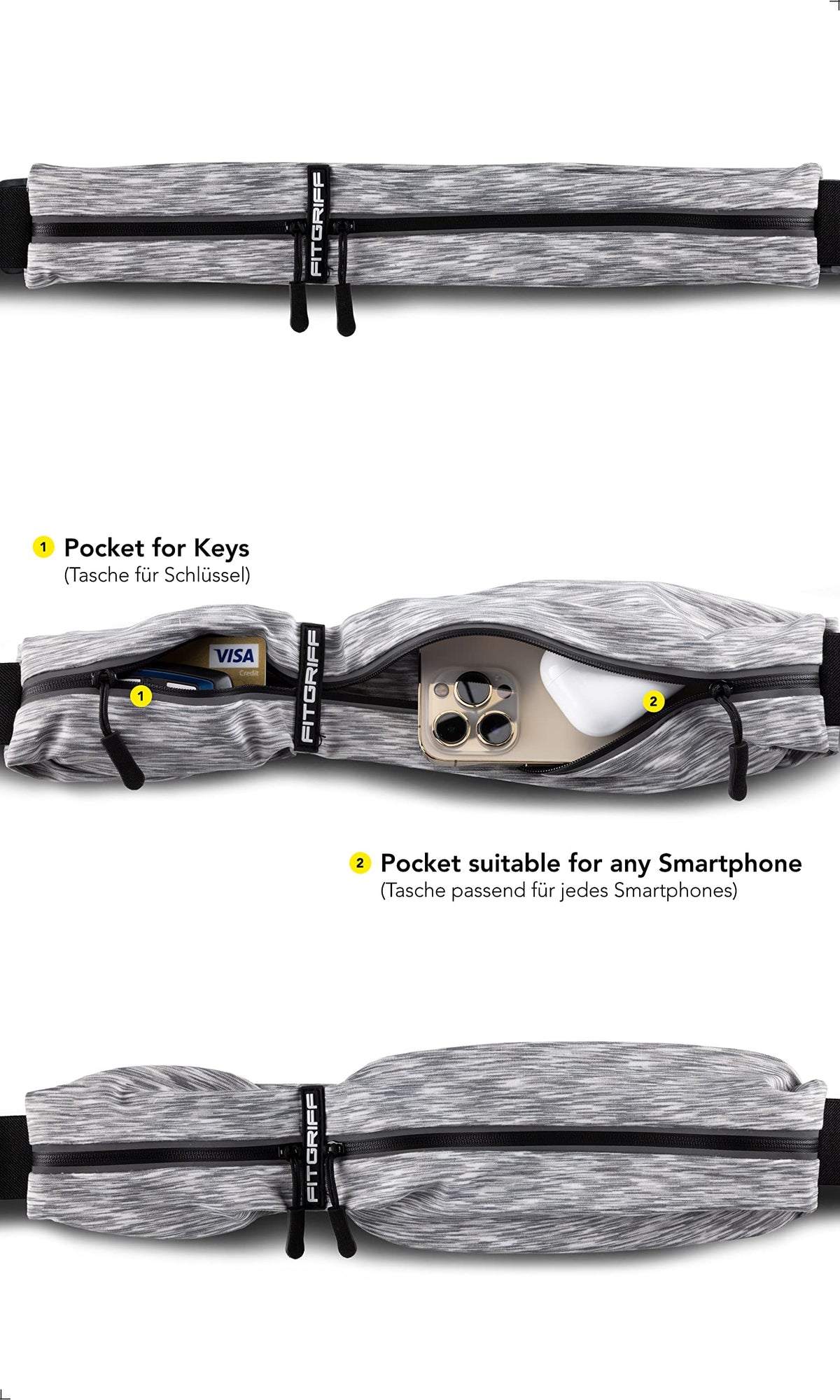 Fitgriff® Running Belt for Men & Women - Secure Jogging Pouch for Phone, Keys & Essentials - For All Cell Phones (White, 24.5" - 35.5" Waist Size)