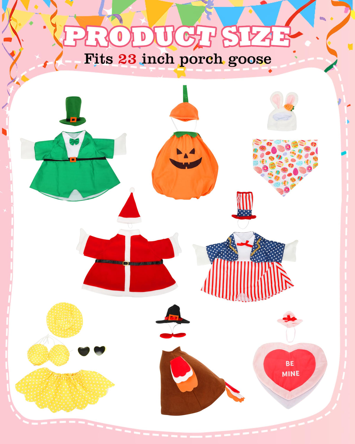 8 Set Holiday Porch Goose Outfits, All Seasons Bundle for 4th of July, Fall, Halloween, Christmas Decor, Valentine, St. Patrick's Day, Easter, Summer,Lawn & Indoor Outdoor, Fits 23 Inch (No Goose)
