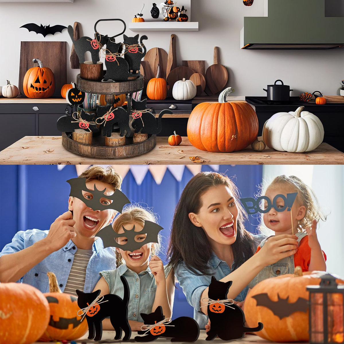 Pinkunn 6 Pcs Halloween Wood Decors with Pumpkin Black Cat Silhouette Decor Wooden Tiered Tray Sign for Home Table Mantel Party Centerpiece