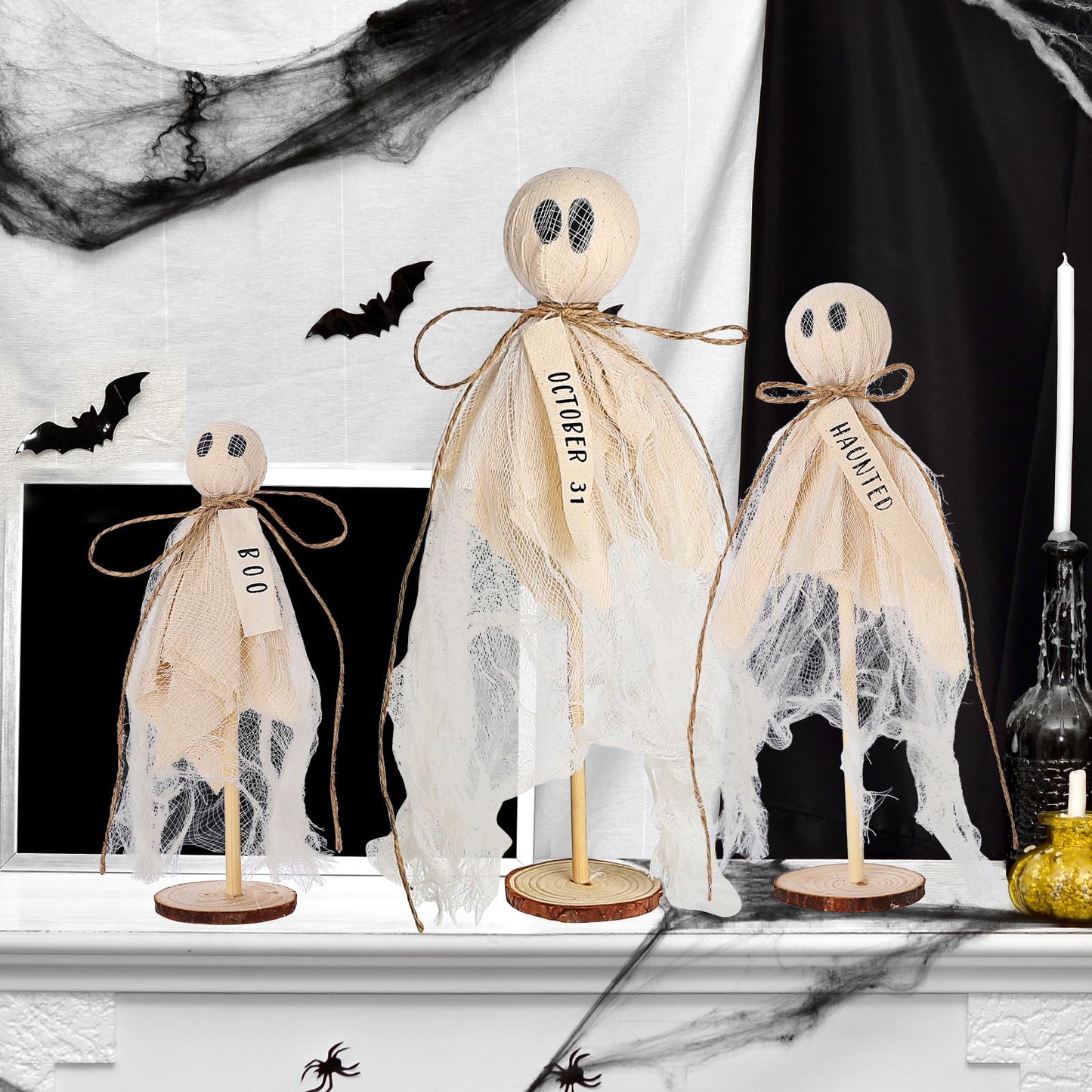 AMDBHC Summerween Decoration Halloween Decorations Indoor - 3 Set of Primitive Ghosts on Wooden Stand for Table Centerpieces Tiered Trays Shelves Mantels Home Halloween Décor
