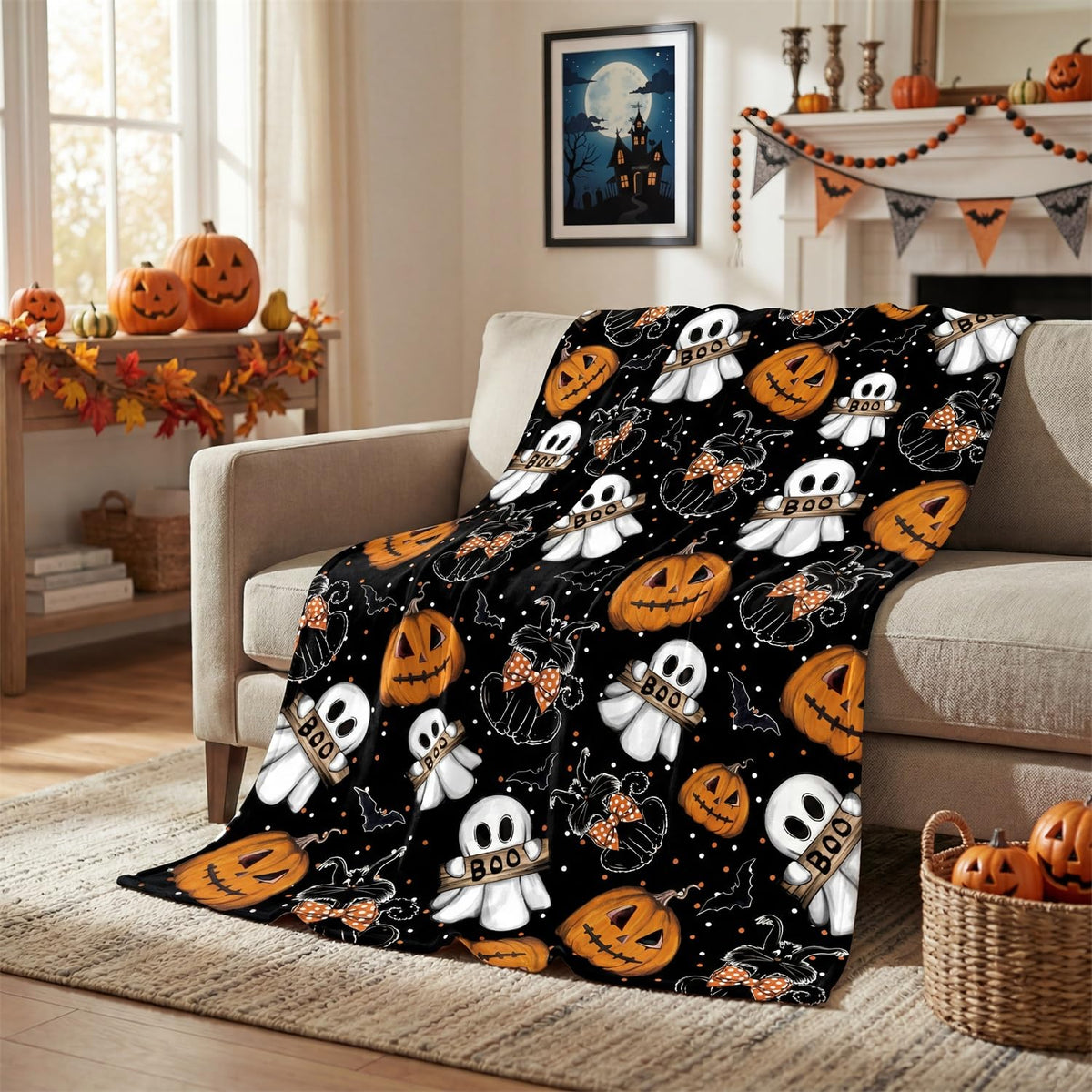 Horaldaily Halloween Flannel Blanket Throw, Jack-O-Lantern Ghost Cat Dots Soft Fuzzy Plush Cozy Fleece Blankets for Couch Sofa Bed Lounging, Ideal Gifts for Kids Adults Wife Self, 50x60