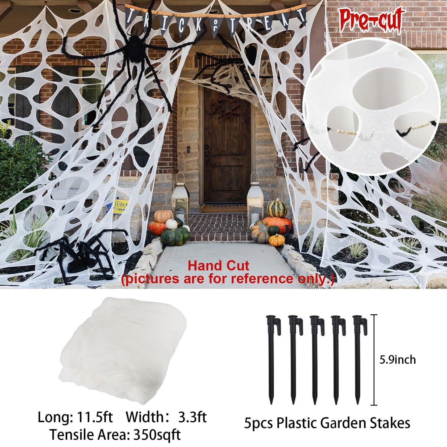 CESOF Giant Spider Web Halloween Decorations Outdoor, Pre-Cut Beef Netting Spiderwebs Super Stretchy DIY Spider Webbing with Stakes, Gauze Cobwebs for Haunted House Yard Garden Home Indoor Party Decor