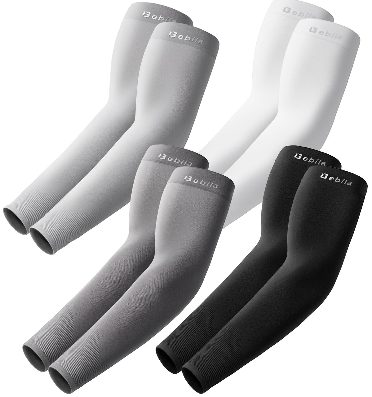 Bebila Arm Sleeves for Men Women, UV Sun Protection Sports Cooling Compression Sleeves for Basketball Golf Outdoor (Black+dark Gray+light Gray+white, Medium)