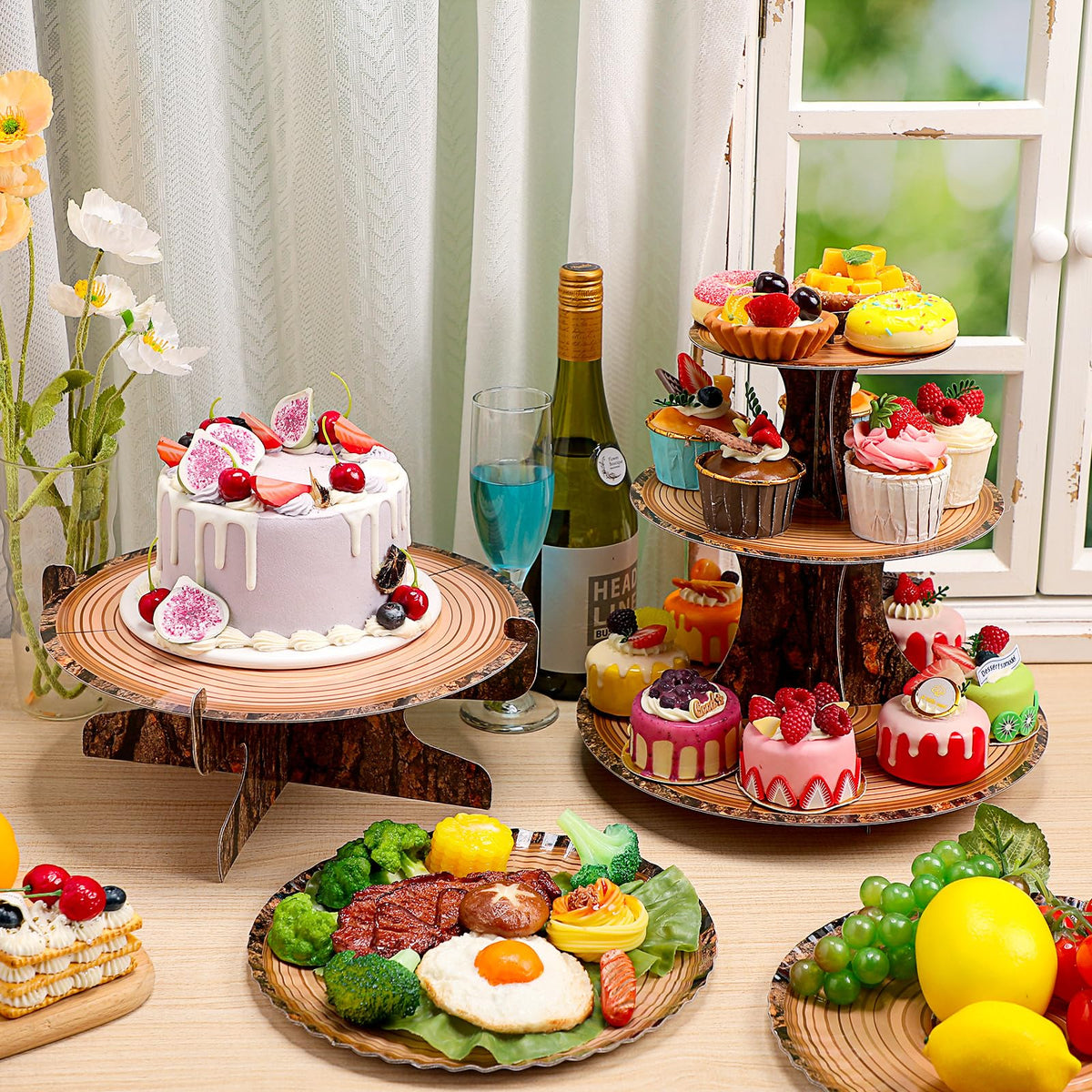 Sawysine 7 Pcs Woodland Cupcake Stand Set Woodland Baby Shower Decorations 3 Tier 2 Wooden Cupcake Stand 1 Rustic Cake 4 Rectangle Serving Tray Birthday Western Camping Hunting Supplies(Circle)