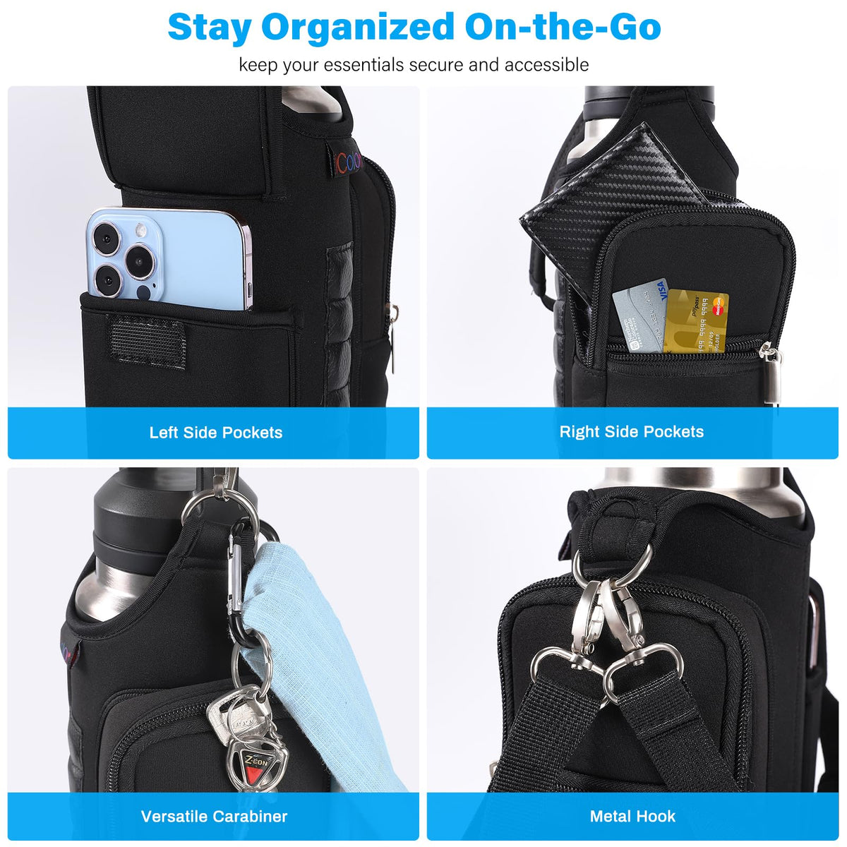 icolor Magnetic Gym Bag Water Bottle Holder with Phone Pockets & Shoulder Strap,5 Built-in Magnets Gym Bottle Pouch Carrier Sleeve,Sling Magnetic Bag Gym Accessories Organizer for Men Women