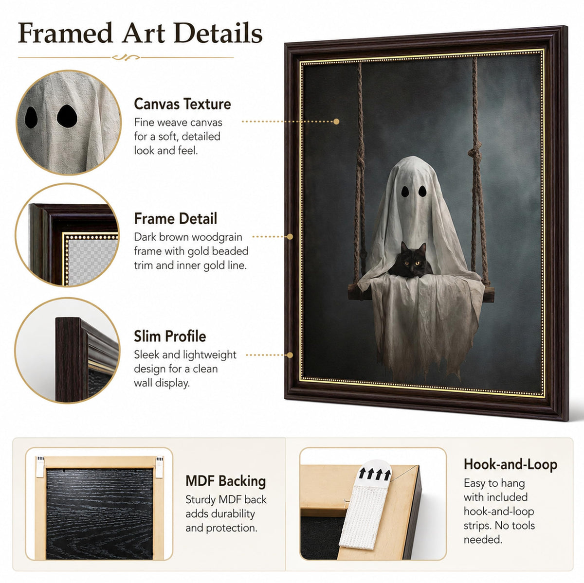 Vbaourut Framed Halloween Black Cat Wall Art, Moody Ghost on Swing Canvas Painting, Spooky Feline Poster with Dark Brown Frame and Upgraded Hook and Loop for bedroom，Study, 9x11 in