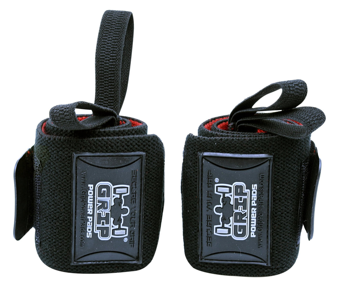 Grip Power Pads Deluxe Wrist Wraps 13" Long (1 Pair /2 Wraps) for Weight Lifting Wrist Support Cotton Wraps Gym Bandage Straps for Men & Women - Premium Quality & PRO Rubber (Black/Red, 18" Inches)