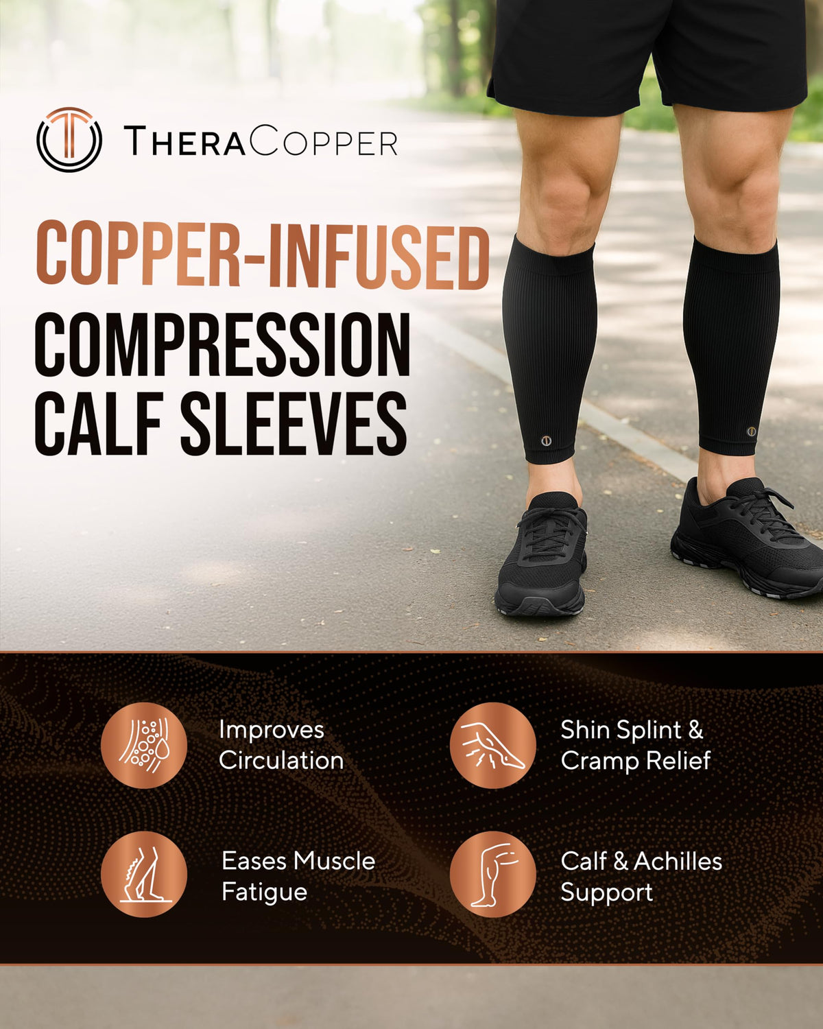 TheraCopper Copper Calf Compression Sleeve — Premium Copper Compression Shin Sleeve for Men & Women — Breathable & Non-Slip Leg Sleeves for Runners, Shin Splints, Muscle Recovery & Leg Fatigue (Large)