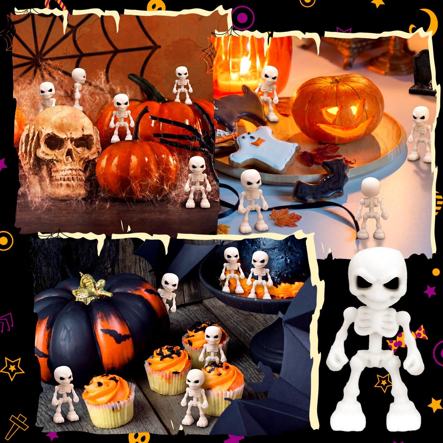 Junkin 100 Pcs Halloween Mini Skeleton Figures Tiny Skulls Cute Design Soft Rubber Skeleton Decorations Miniature Skulls Figures Ornaments for Indoor Fireplace Haunted House Accessories Party