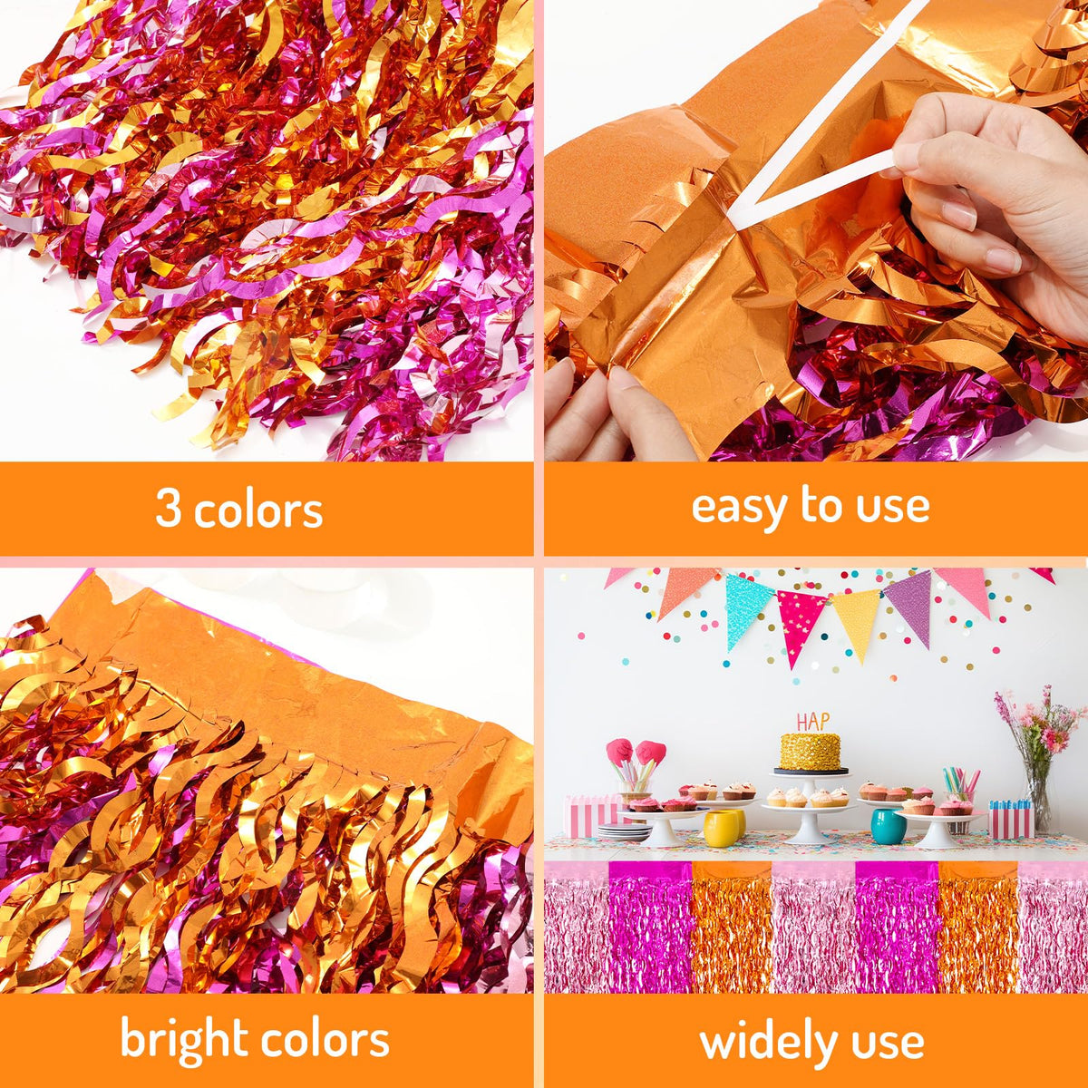 JarThenaAMCS Metallic Tinsel Foil Fringe Table Skirts Light Pink Hot Pink Orange Wavy Disposable Table Skirt 2Pcs Sparkly Party Decor for Parade Floats Wedding Birthday Bride Shower, 29 x 108 Inch