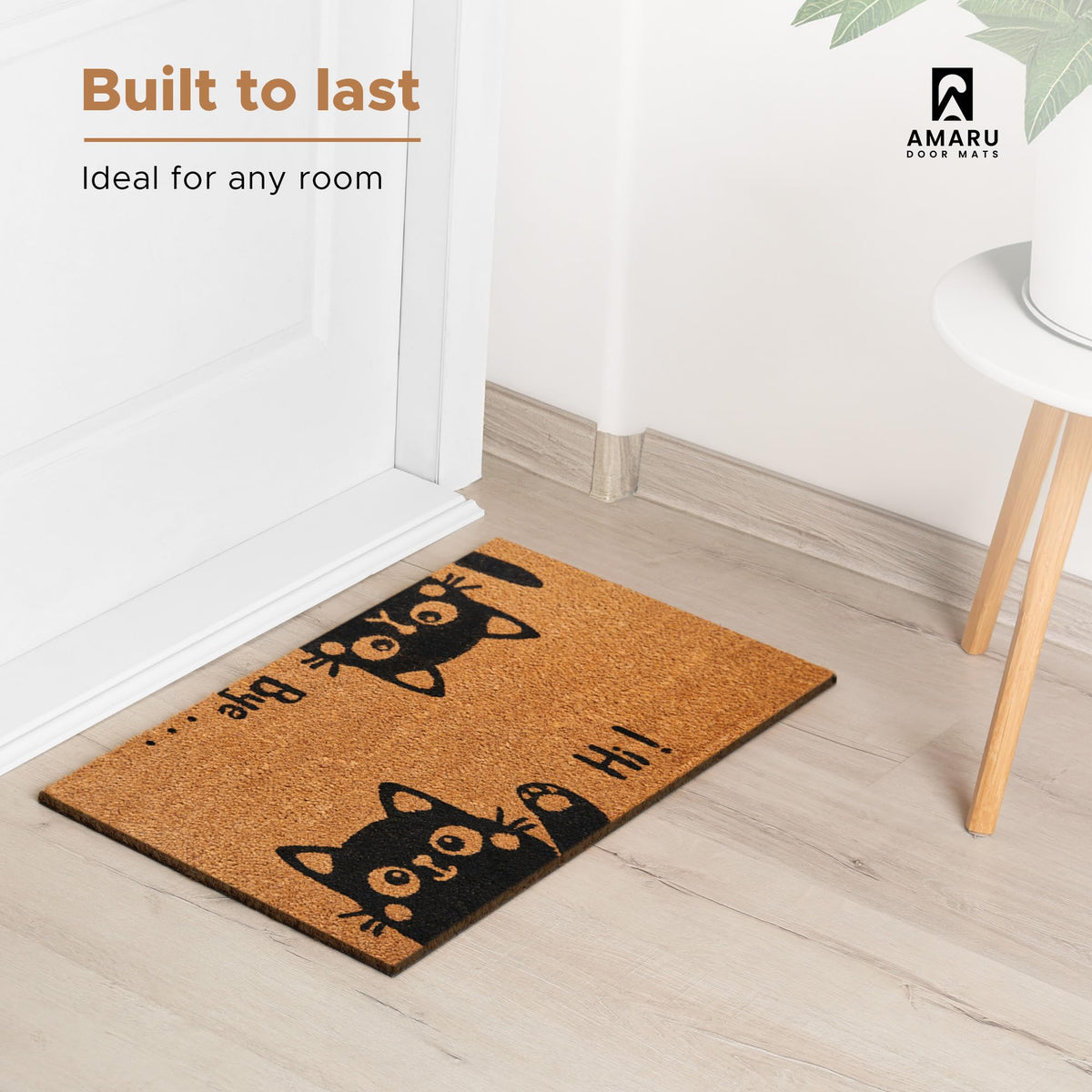 Hi-Bye Cat - 17"x29" - Coir Door Mat with Heavy Duty Backing - Welcome Mats for Entryway, Porch - Anti-Slip PVC & Coconut Fiber Surface - Natural Home Accessories, Minimalist Original Design