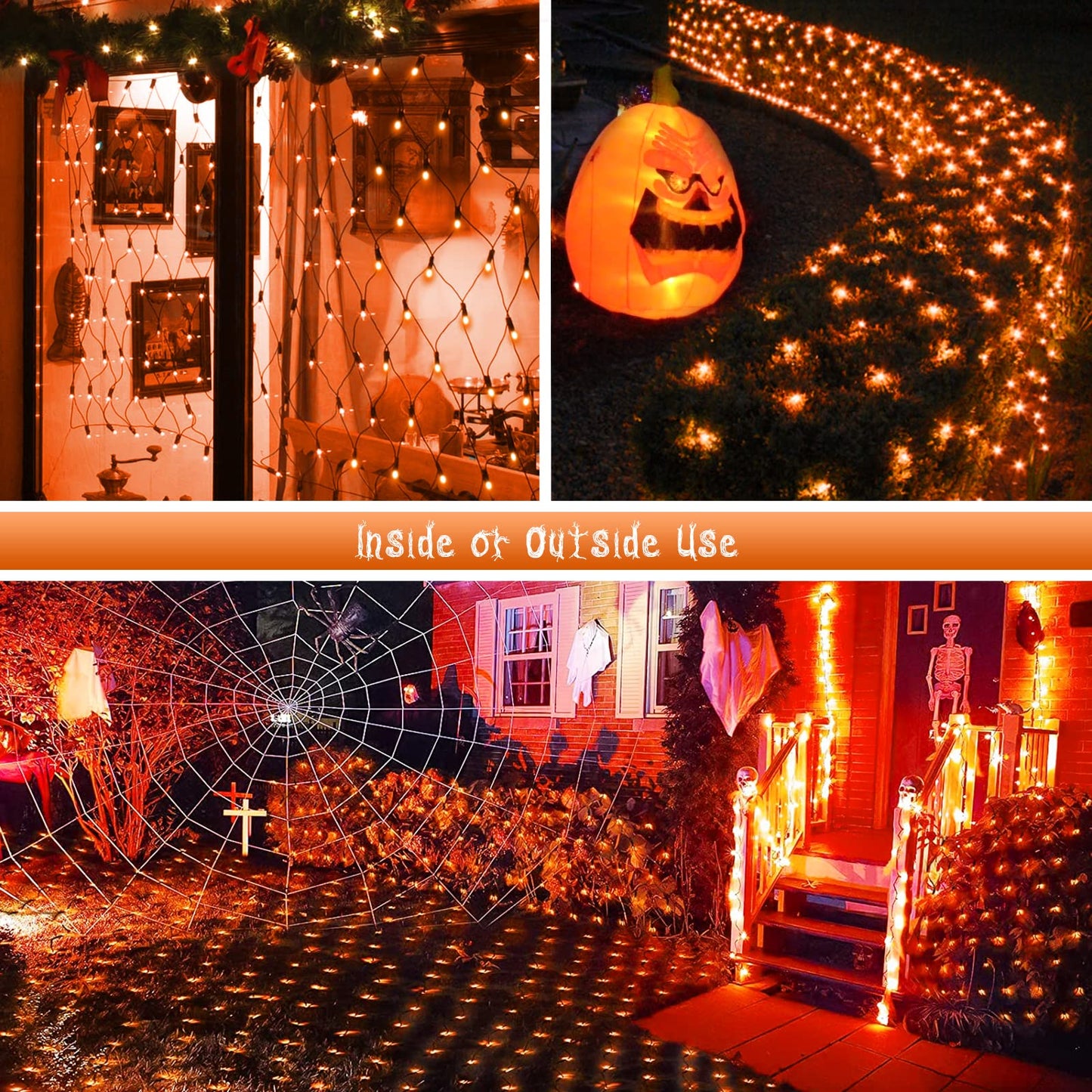 JMEXSUSS Orange Solar Halloween Lights Outdoor, 320 LED 9.8ft x 6.6ft Solar Net Lights Outdoor Waterproof, Solar Lights with 8 Modes Remote for Halloween Decorations