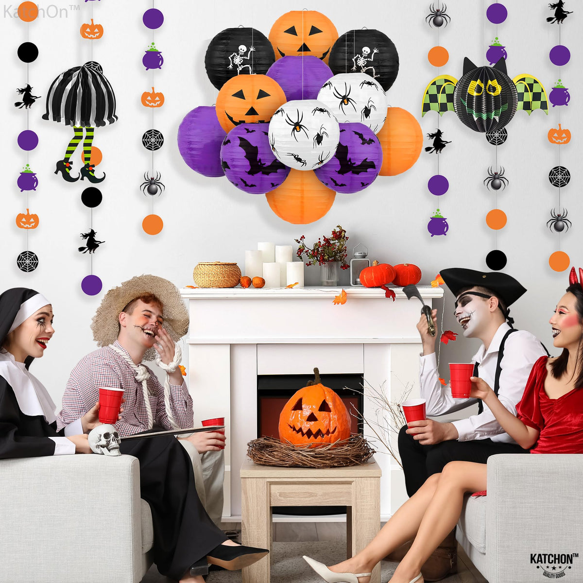 KatchOn, Halloween Hanging Paper Lanterns Set - Pack of 15 | Halloween Paper Lanterns, Halloween Honeycomb Decorations for Halloween Decorations | Halloween Garland for Halloween Party Decorations