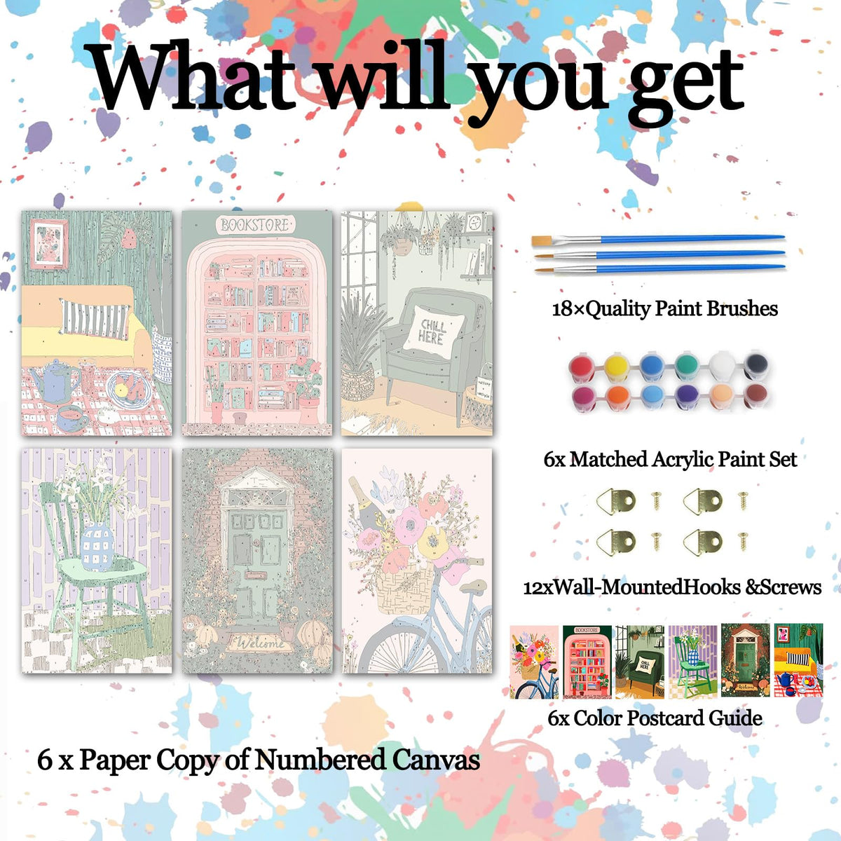 Tucocoo 6 Pack Cozy Scenery Paint by Numbers Kits for Adults 8x12 inch Room Porch Bookstore Bike Flowers Scence Painting Easy Acrylic Paint by Number DIY Oil Acrylic Pigment Drawing Paintwork