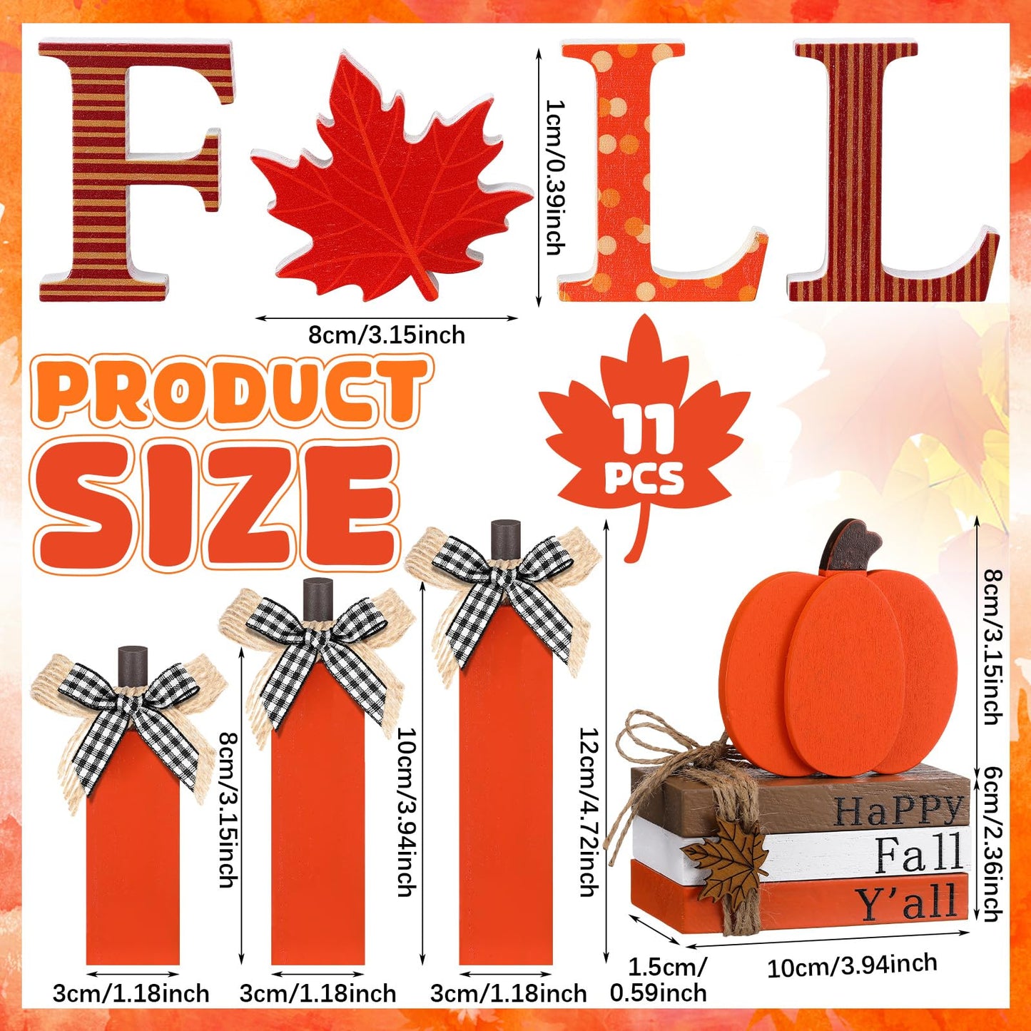 FoldTier 11pcs Thanksgiving Fall Decorations for Home Pumpkin Tiered Tray Decor Fall Table Decoration Maple Leaf Wooden Sign Autumn Pumpkin Tabletop Stack Faux Books Centerpiece for Shelf Harvest