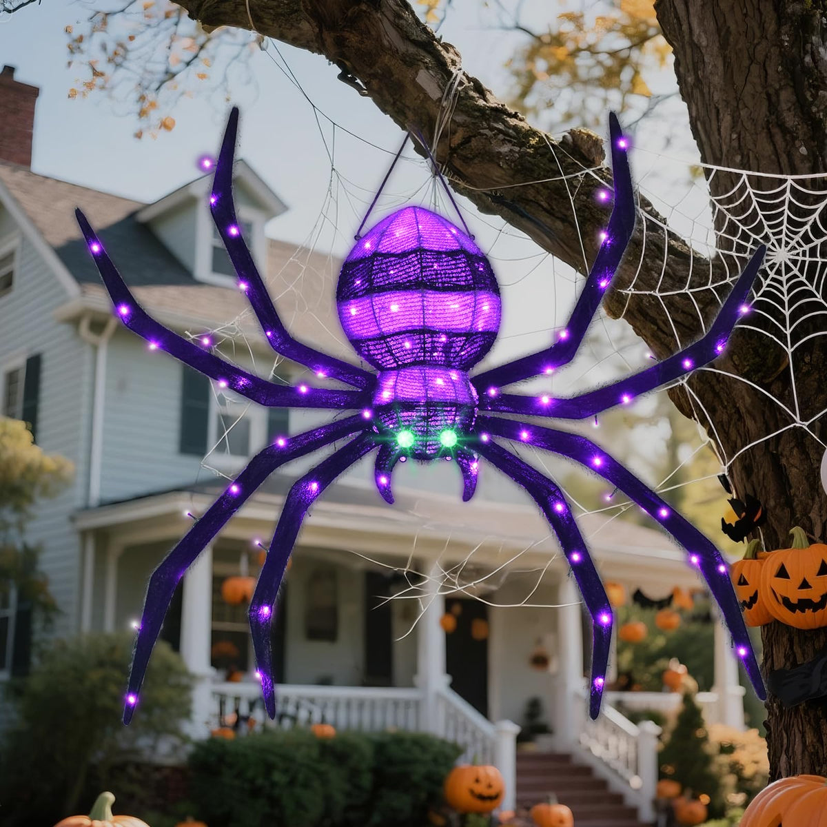 HOYECHI Halloween Decorations Outdoor Hanging Spider - 4.2FT Giant Climb The Wall Spider Halloween Decor, Light Up Spider with 90 LED Lights, for Front Yard Porch Roof Party Outside - Black
