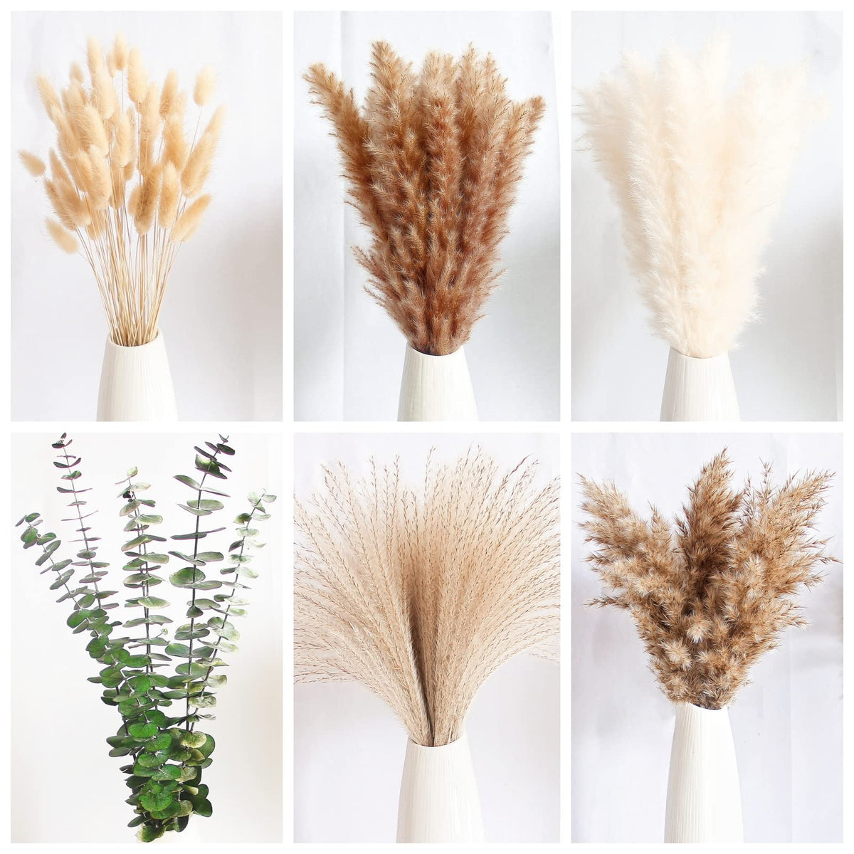 110 PCS of Boho Pampas Grass Decor, Naturally Dried Pompas, Bunny Tails Dried Flowers, and dried eucalyptus. Perfect for Weddings, Boho Party Decorations, and Table Decor.