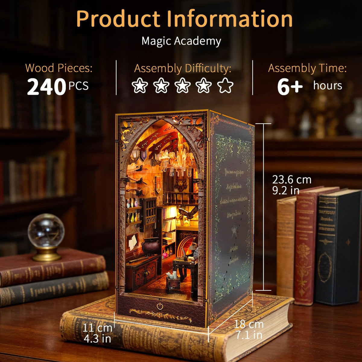 BELEEV Book Nook Kit - DIY Miniature Wooden Booknook with LED Lights, Dust Cover 3D Puzzle Bookend Bookshelf Decor Gift for Adults Teens - Magic Academy