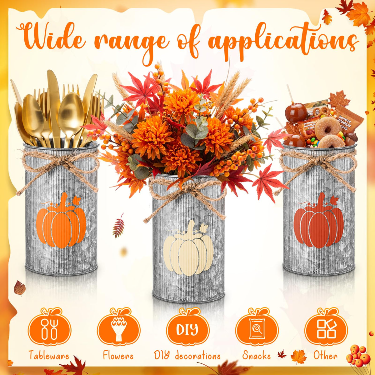Domensi 12 Pcs Fall Table Centerpiece Pumpkin Vases Thanksgiving Decor Galvanized Metal Vases for Flowers Farmhouse Mason Jars Utensil Holder for Fall Home Thanksgiving Autumn Harvest Decorations