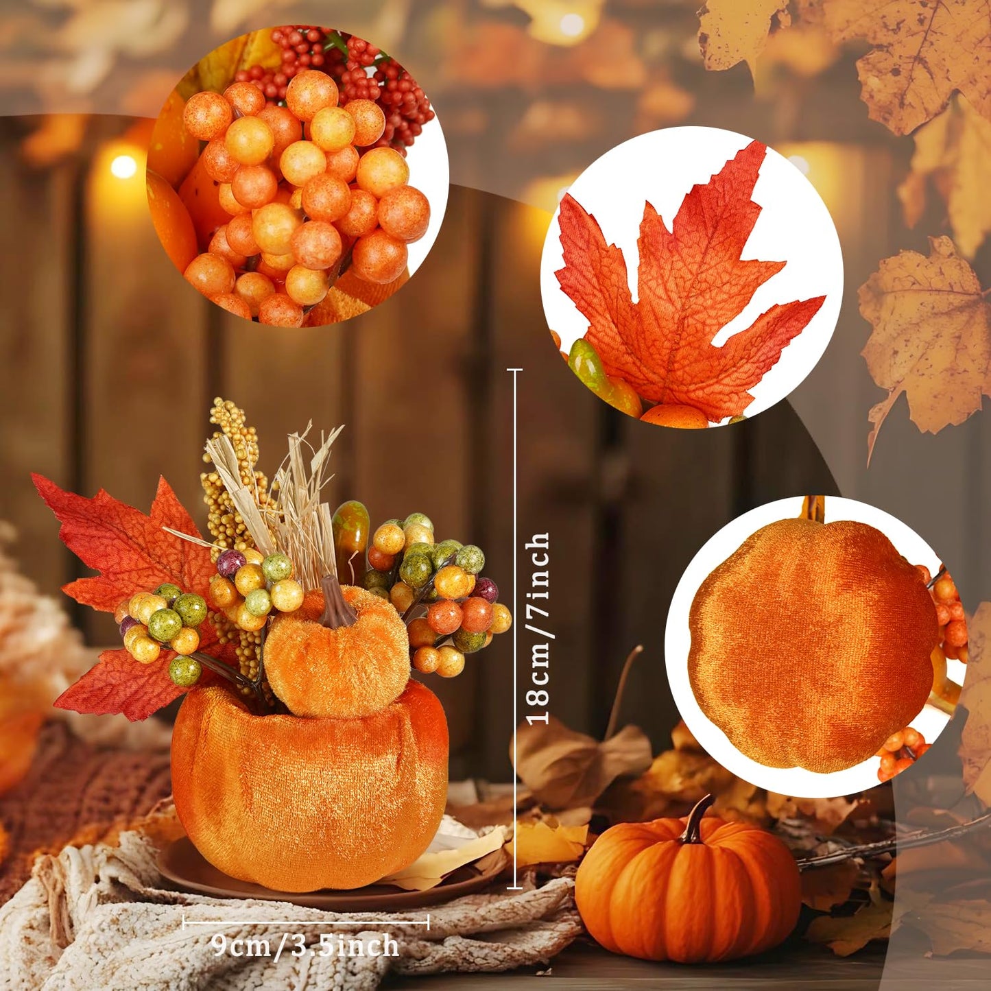 Artmag Set of 6 Artificial Pumpkins Decorations, Decorative Fabric Orange Pumpkin with Maple Berry Acorn Pine Cone Vegetables for Fall Thanksgiving Harvest Party Home Tabletop