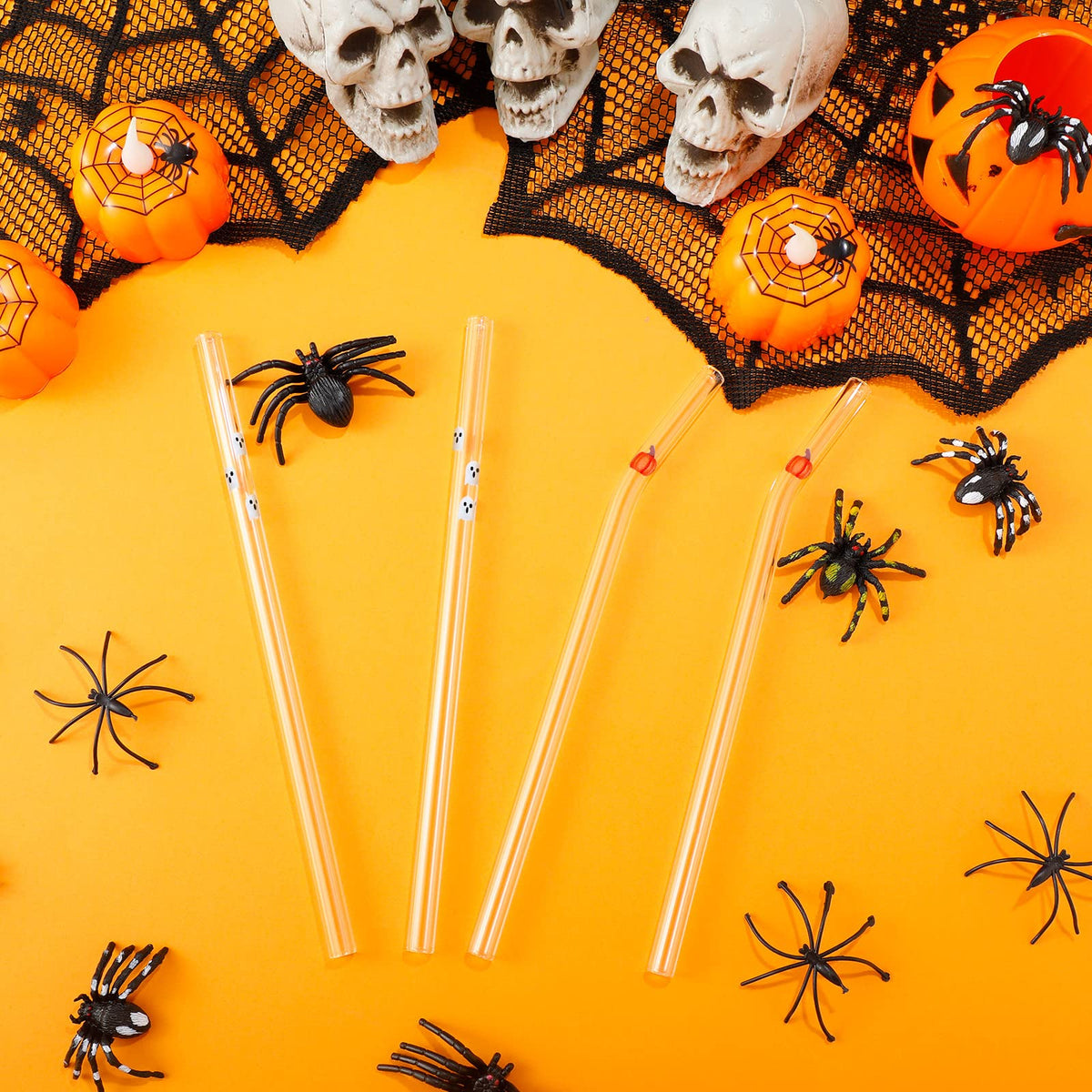 Yoande 10 Pcs Glass Drinking Straws Charms Cute Reusable Straws Glass Brush Clear Drinking Sucker Spring Party Decor Bachelorette Decor Bridal Engagement Drinkware (Pumpkin, Ghost)