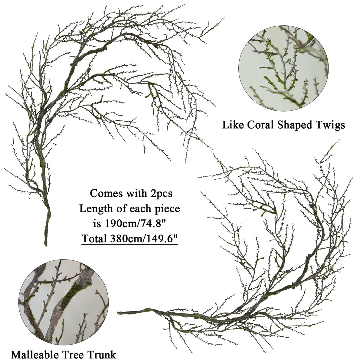 74.8inch Long Malleable Black Halloween Tree Weeping Branches Twigs Greenery Garland Hanging Moss Faux Ghost Grape Vine for Haunted Forest Outdoor Mantel Fireplace Porch Arch Stairway Yules Decor (2)