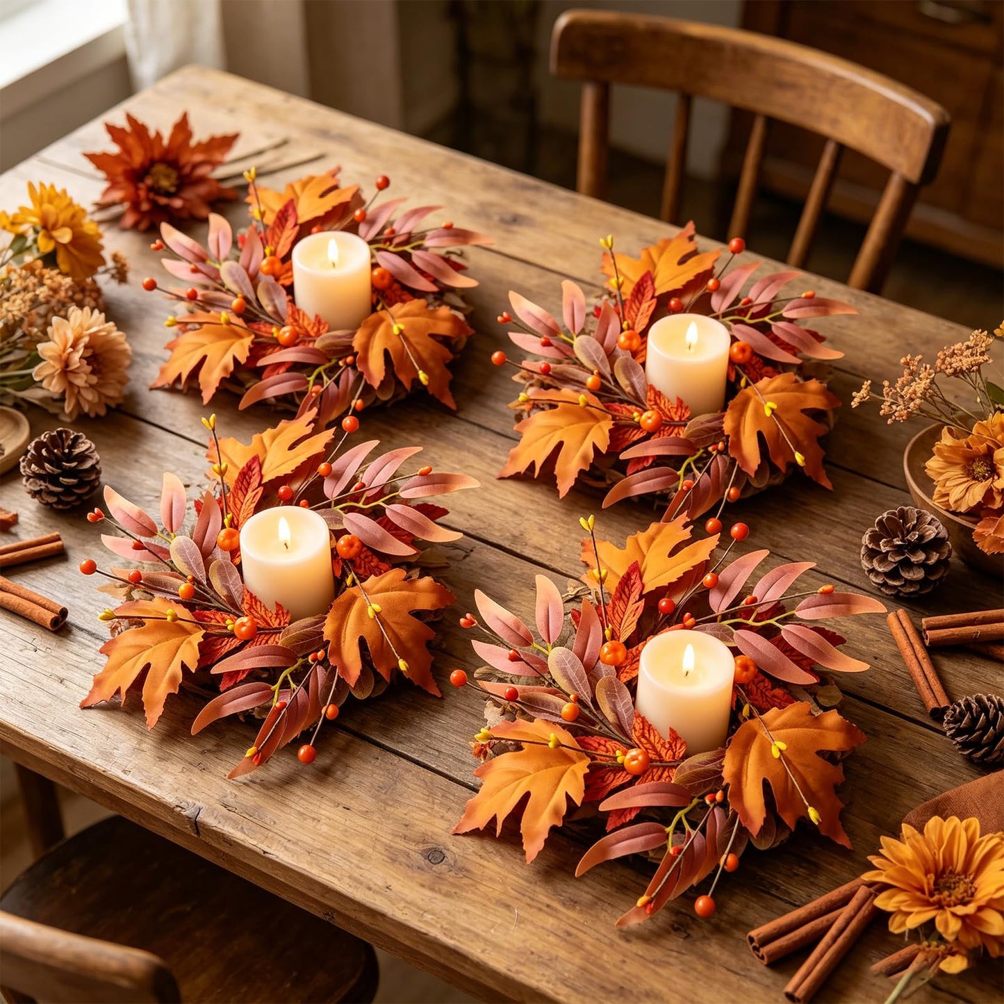 4 Pcs Mini Fall Wreaths Thanksgiving Table Centerpieces Fall Candle Rings 9 Inch Maple Leaf Wreaths for Cabinets Farmhouse Autumn Wreath for Front Door Porch Wall Window Decorations