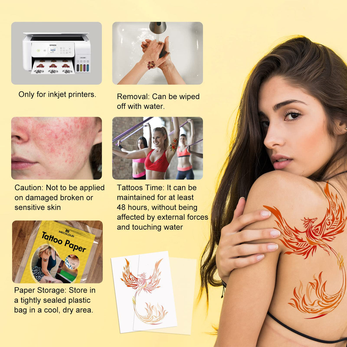 MECOLOUR Printable Temporary Tattoo Paper 8.5"X11"-5 Sets for Inkjet printer DIY Image Transfer Decal Paper for Skin, For Halloween, Celebrate Festivals, Parties, Birthday Bashes,New Year