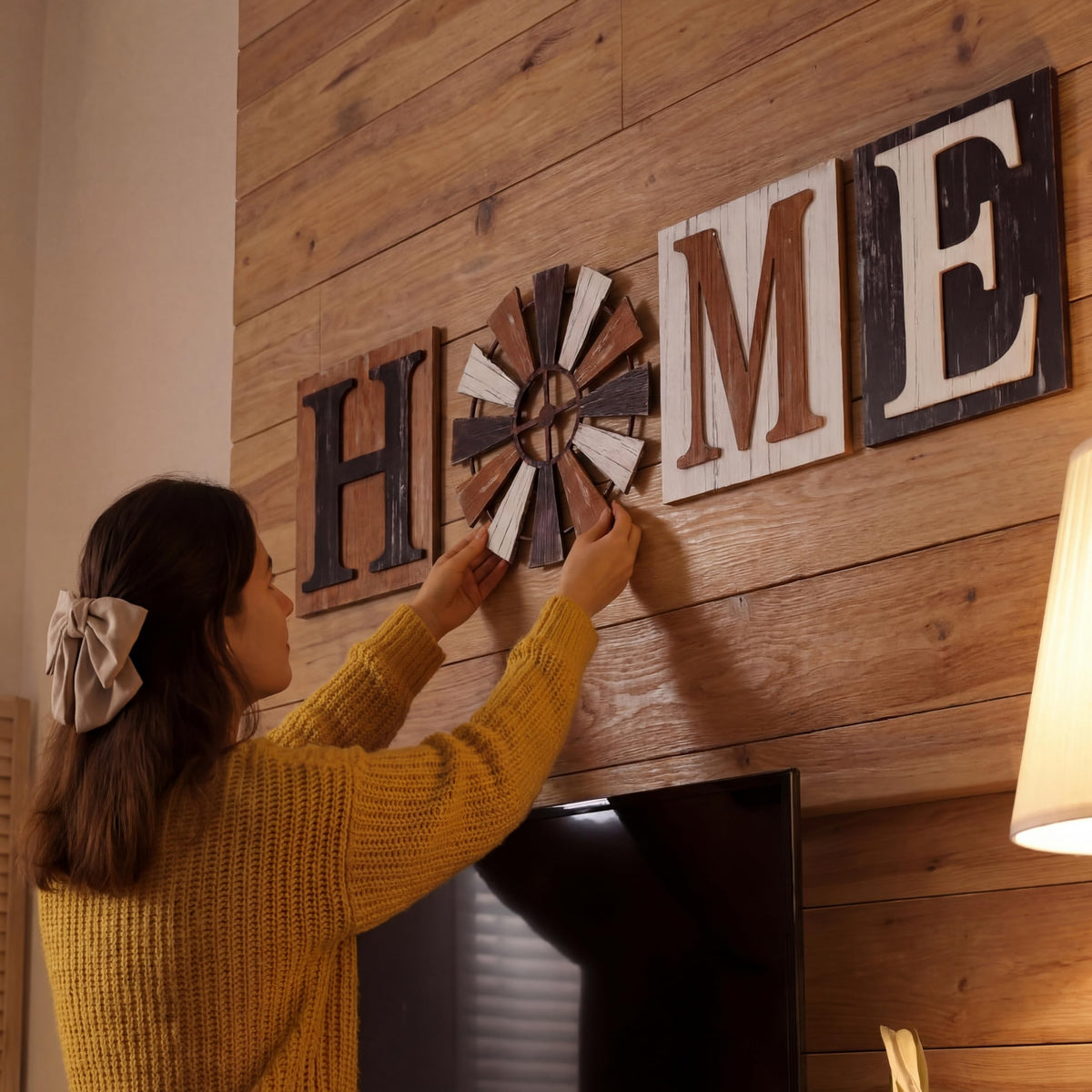Novabright 4 Pcs Farmhouse Wall Decor 3D Wooden Home Sign with Windmill for O, Rustic Wood Letters Decorative Wall Art Decor for Living Room Kitchen Bedroom, Entryway Housewarming Gift