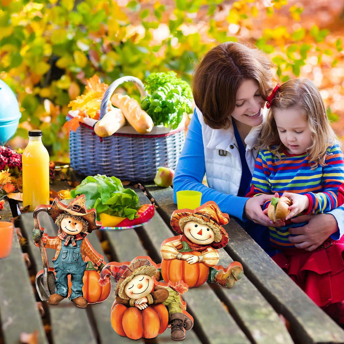 DoubleFill 3 Pcs Fall Figurines Home Decor Harvest Scarecrow with Pumpkins Wood Figurines Thanksgiving Wooden Scarecrow Decorations for Fall Thanksgiving Home Office Party Table Decoration Gifts