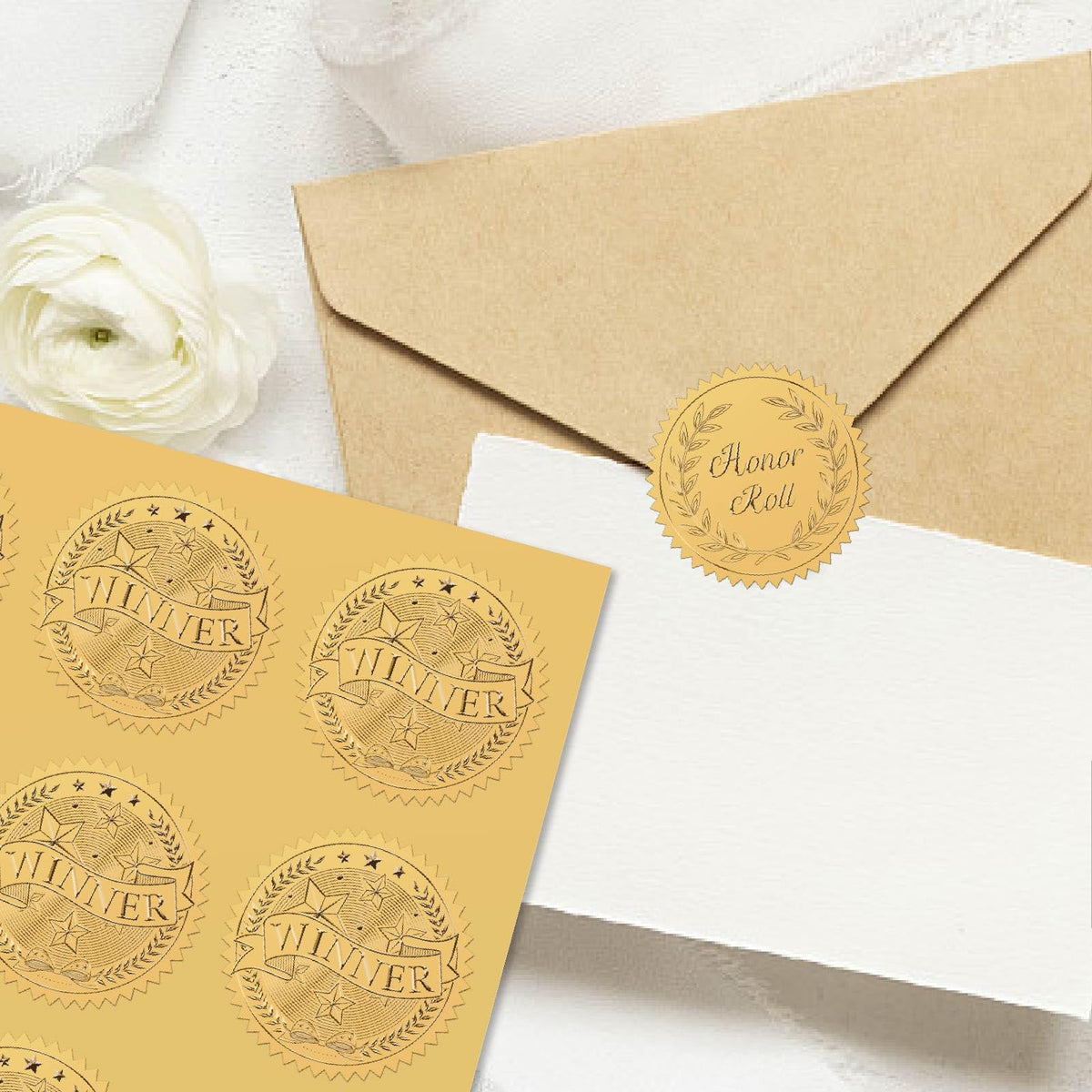 CRASPIRE 408pcs 2 Inch Winner Gold Foil Stickers Word Star Gold Embossed Gold Certificate Seals Self Adhesive Waterproof Round Dot Medal Decoration Label for Gift Packaging Envelope Card Seal